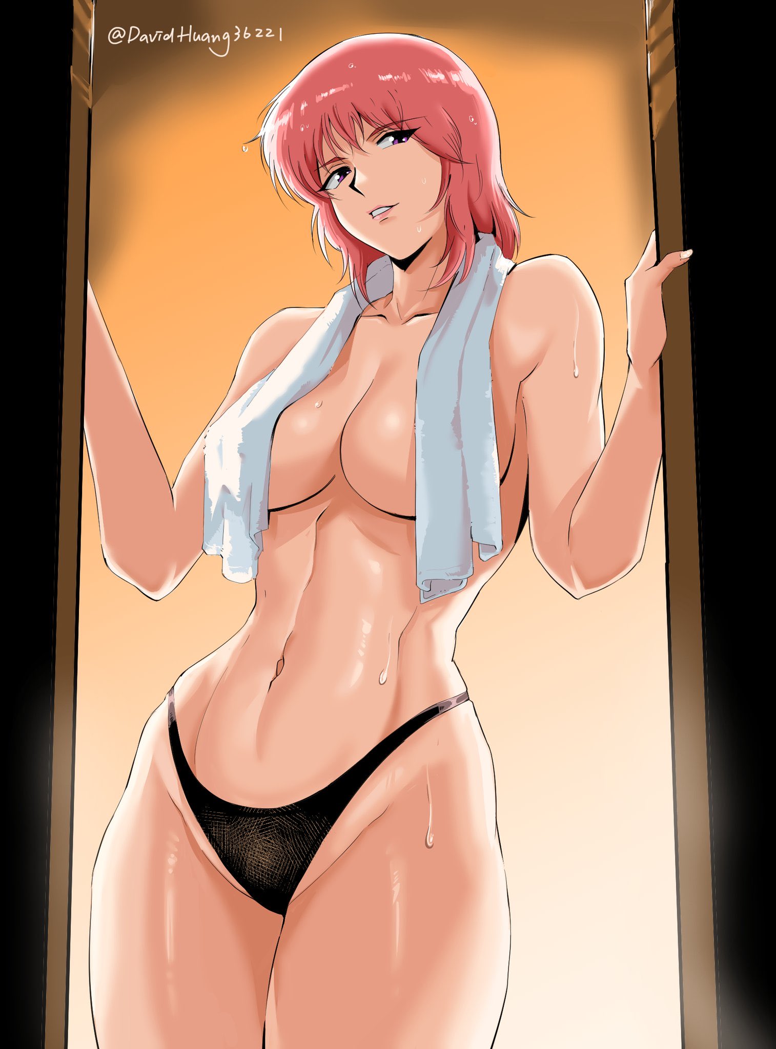 1girls, 2d, after shower, athletic, athletic female, black underwear, boob window, breasts, davidhuang36221, female, female only, fit, fit female, grabbing wall, gundam, gundam zz, hair down, haman karn, large breasts, linea alba, mobile suit gundam, partially clothed, pink eyes, pink hair, pinup, slender body, stomach, tagme, thick thighs, thong, toned, toned body, toned female, towel, towel around neck, underwear, wet, wet body, zeta gundam