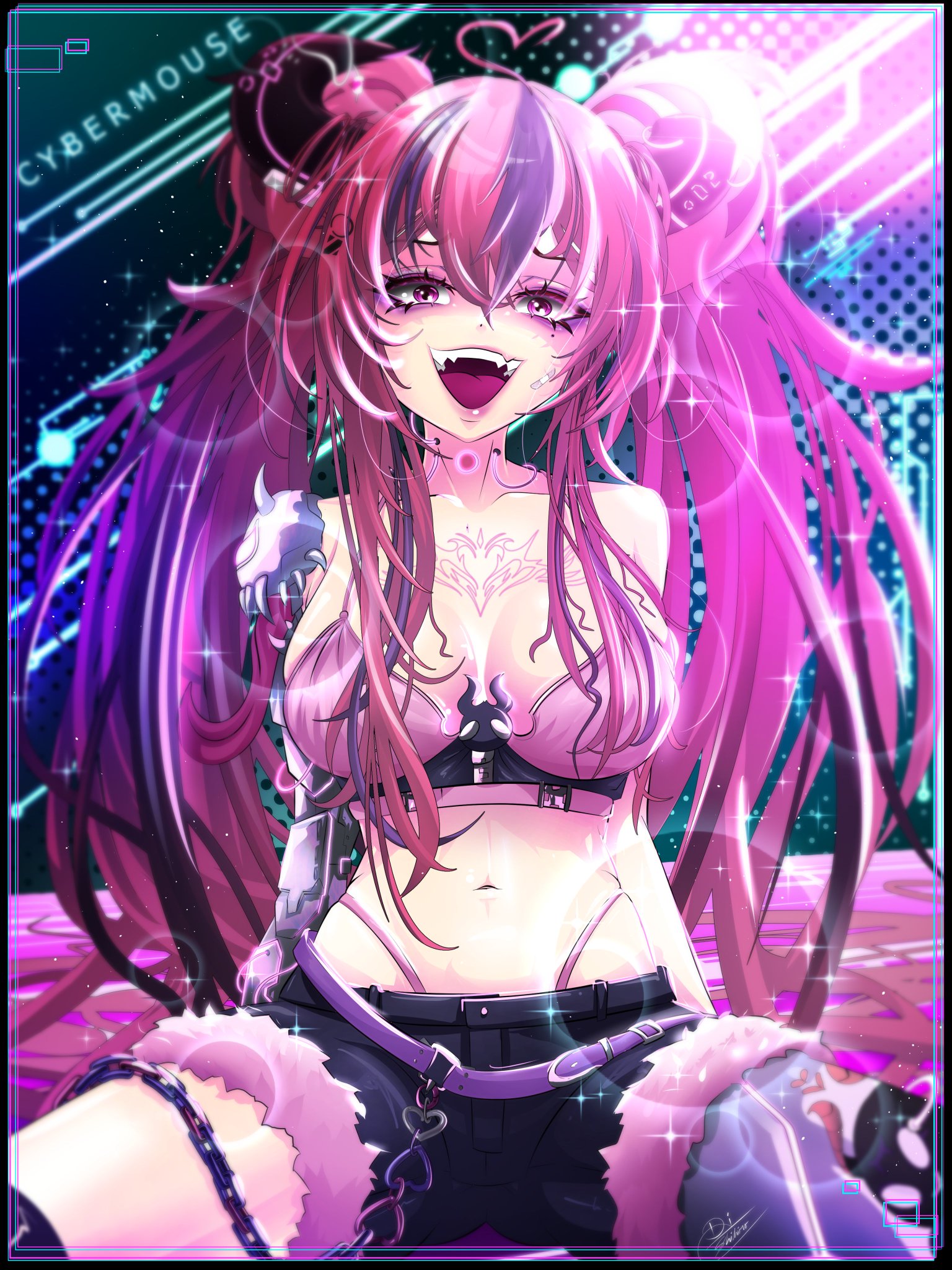 1girls, ahoge, big breasts, black hair, breasts, female, heart, huge breasts, ironmouse, ironmouse (cyber outfit), navel, pink eyes, pink hair, ponytail, purple background, purple eyes, purple hair, sharp teeth, shihir0 (shihir09), virtual youtuber, vtuber