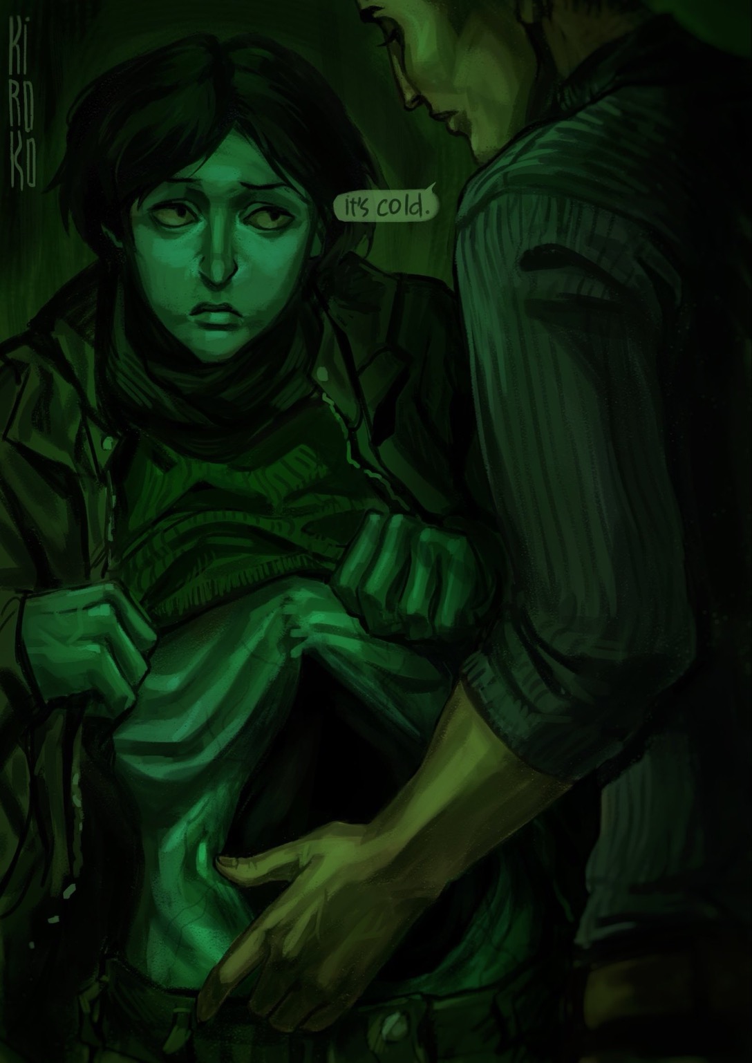 2boys, assisted exposure, belly, black hair, blue skin, coat guy (no, i'm not a human), cold, dialogue bubble, fingering, kiroko (artist), male, male only, nervous, nervous expression, nervous male, nightmare husbando, no, i'm not a human, protagonist (no, i'm not a human), skinny male, stomach deformation, sweater lift, tagme