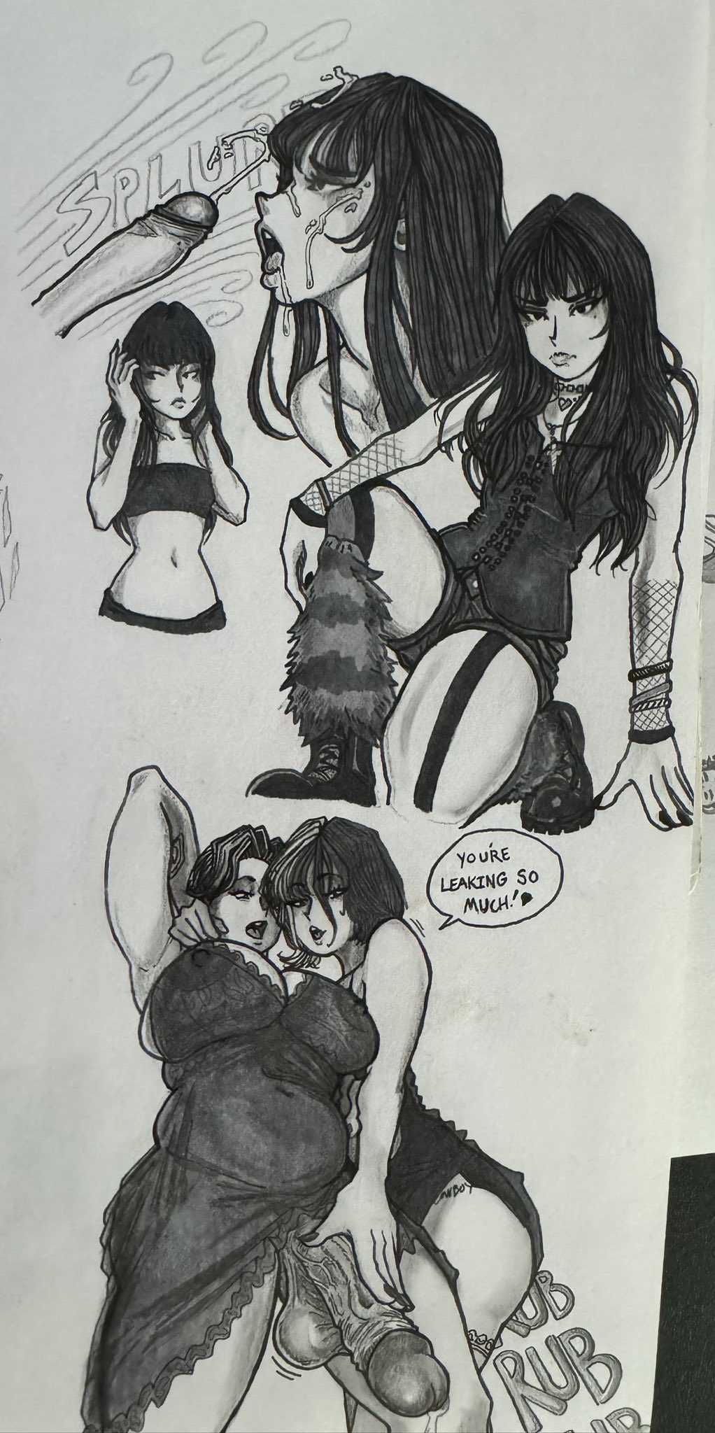 1futa, 1girls, 2025, 2d, 2d (artwork), areolae, balls, big breasts, big penis, black and white, black hair, breasts, cum, cum on face, cum spurt, cum string, cumming, cumshot, curvaceous, curvy, curvy body, curvy figure, curvy hips, dress, erect penis, erection, facial, female, futa on female, futa with female, futanari, hand drawn, horny, horny female, huge cock, intersex, nipples, oc, original, original character, penis, penis out, precum, precum on face, rubbing, rubbing penis, sketch, skuddbutt, text, text bubble, thick thighs, veiny penis