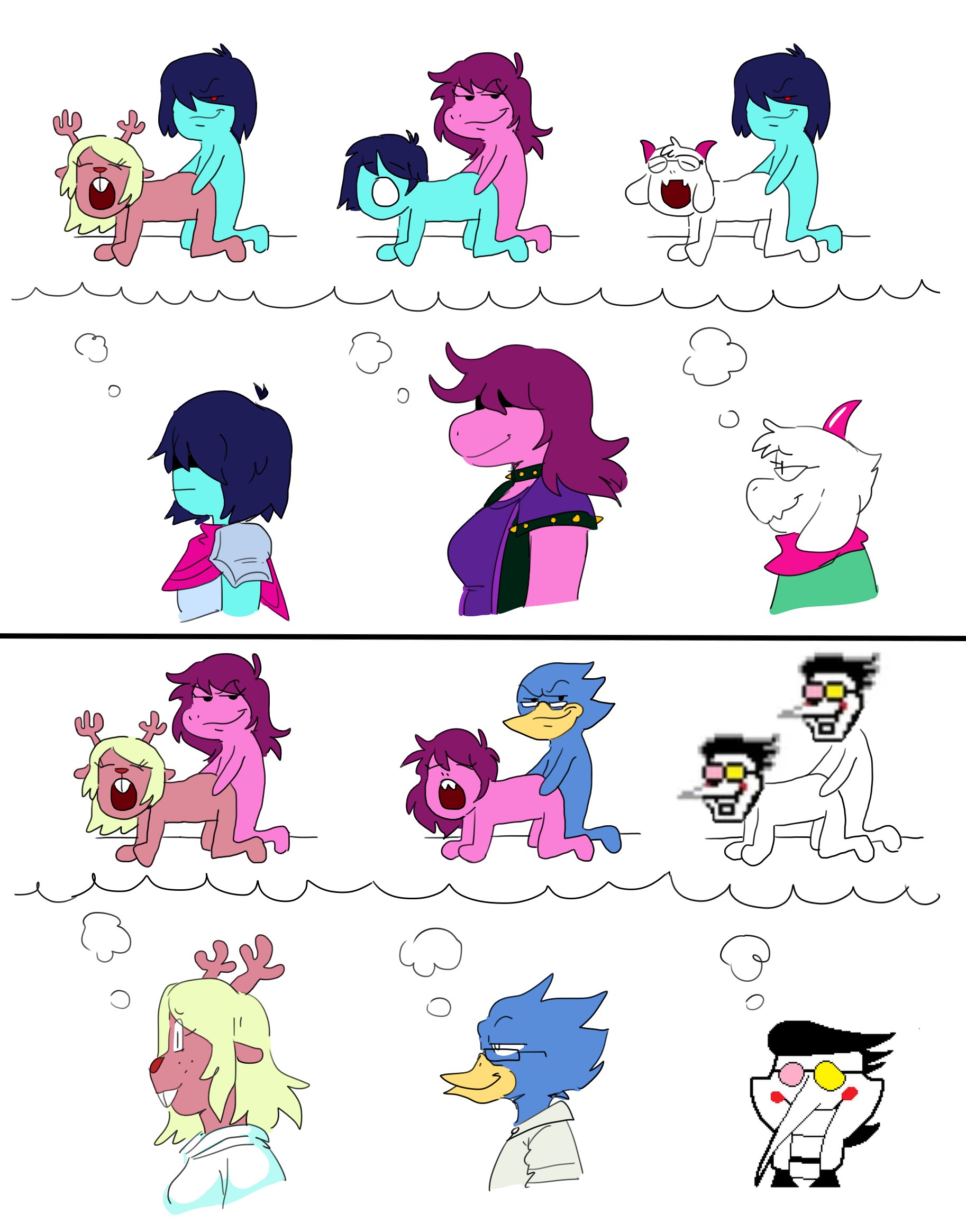 2025, berdly, breasts, deltarune, fantasizing, female, funny, humor, kris (deltarune), meme, mhdrawin, noelle holiday, pink horns, ralsei, ralsei with white fur, selfcest, simple background, sketch, smile, spamton g spamton, susie (deltarune), undertale (series)