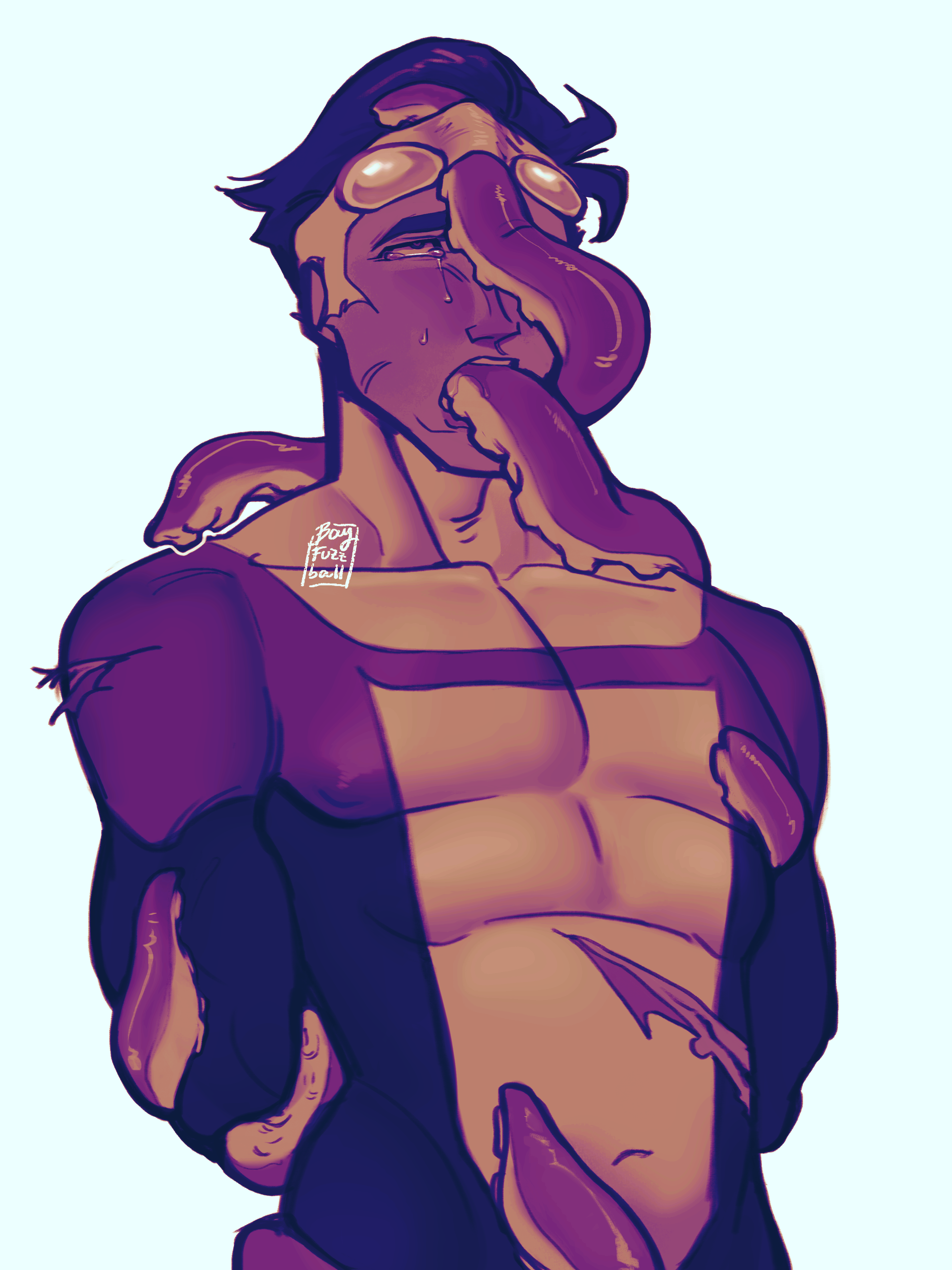 bayfuzzball7050, eyes rolling back, hero, invincible, invincible (comics), invincible (superhero), invincible (tv series), male, male only, mark grayson, muscular, muscular male, no genitals shown, ripped bodysuit, rolled back eyes, tears, tentacle, tentacle in mouth, tentacle on male, tentacle sex