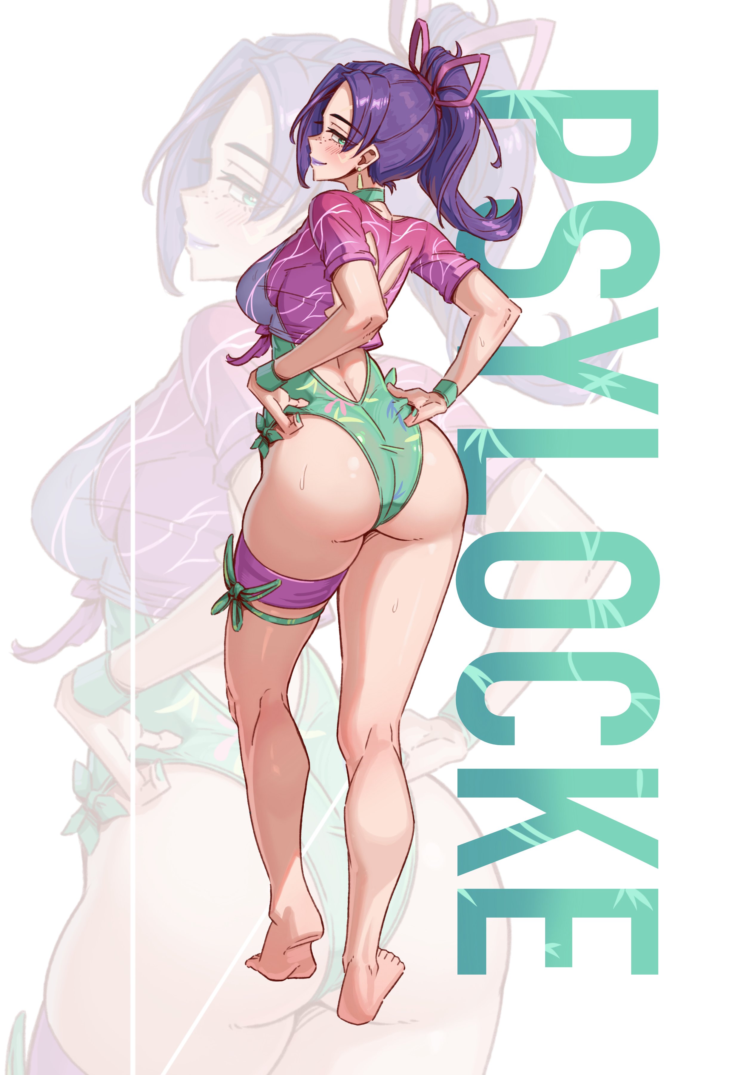 1girls, asian female, ass, ass focus, back, back view, backless swimsuit, barefoot, breasts, butterfly ornament, cleavage, emmettart, feet, female, green one-piece swimsuit, hair ribbon, japanese female, large breasts, light skin, light-skinned female, long hair, looking at viewer, looking back, marvel, marvel comics, marvel rivals, one-piece swimsuit, ponytail, psylocke, psylocke (sai) (breezy butterfly), purple hair, ribbon, smile, solo, swimsuit, thick ass, thighs