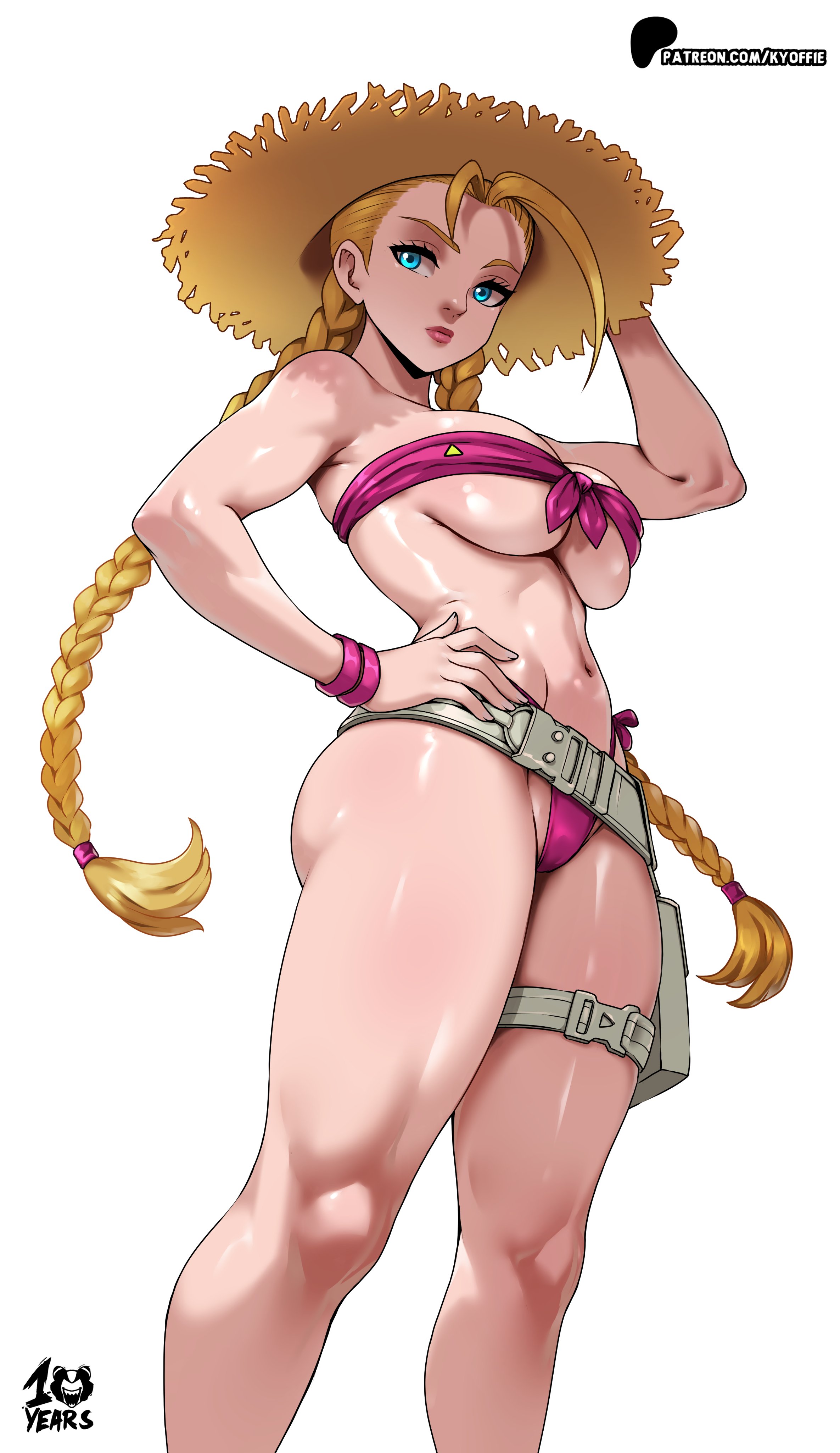 1girls, 2025, big breasts, bikini, blonde hair, blue eyes, breasts, cammy white, cammy white (street fighter 6), capcom, female, hat, kyoffie, lipstick, pale skin, pale-skinned female, pink bikini, straw hat, street fighter, street fighter 6, summer, tagme, twintails, watermark, white background