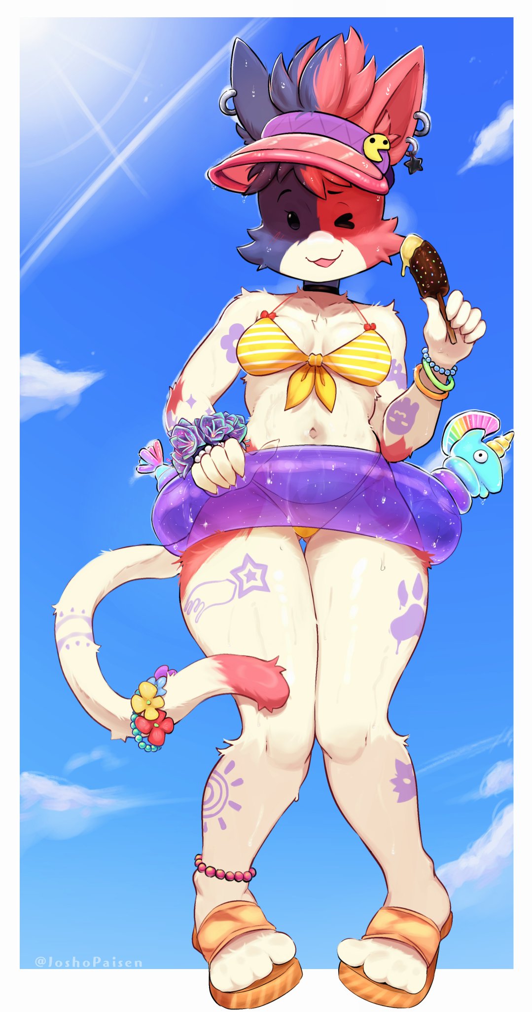 :3, 1girls, 2025, 2d, anthro, ass visible through thighs, bikini, breasts, cat ears, cat tail, cate meowdy (fortnite), domestic cat, epic games, feet, feline, female, fortnite, fortnite: battle royale, furry, furry only, joshopaisen, knees together feet apart, navel, o <, one eye closed, pool float, sandals, solo, solo female, summer, swimsuit, swimwear, thighs, tummy, visor, visor cap, white body, white fur, wink