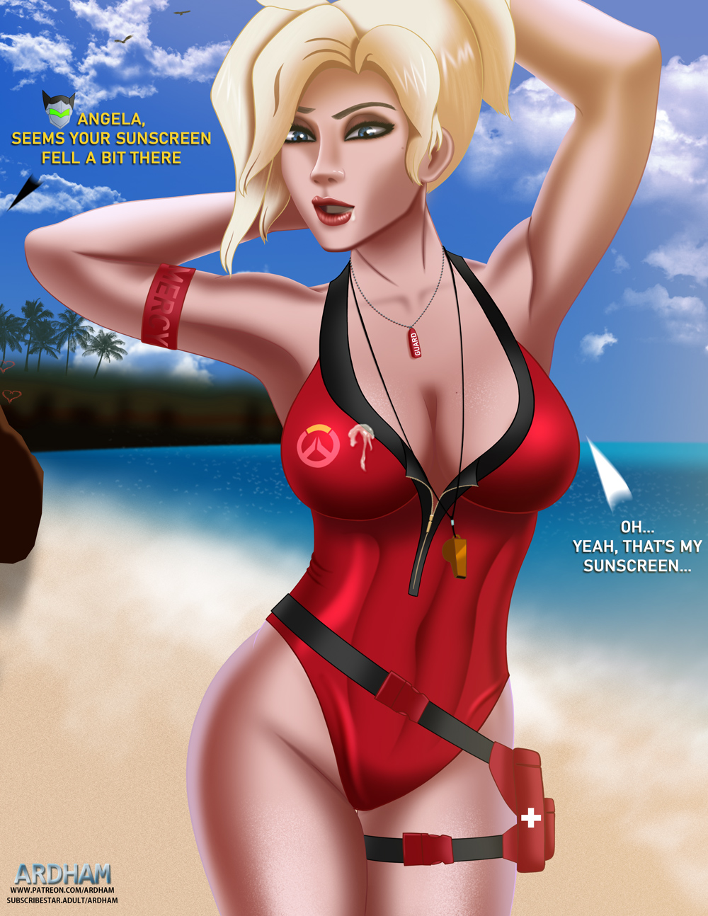 ardham armband bag beach belt big_breasts blizzard_entertainment cheating cum cum_in_mouth cum_on_breasts genji large_breasts lifeguard lifeguard_mercy mercy overwatch public skin_tight skintight swimsuit wide_hips