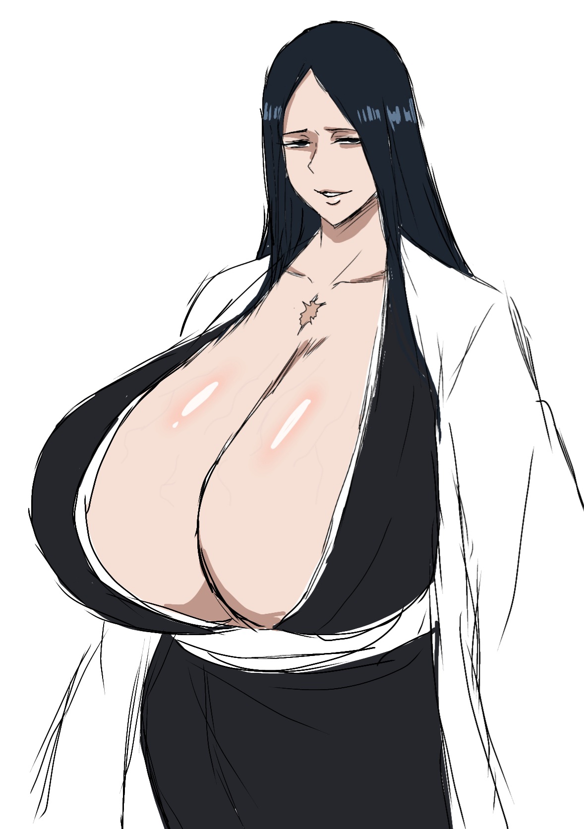 1girls, alternate breast size, big breasts, black eyes, black hair, bleach, bleach: the thousand-year blood war, breasts, cleavage, clothing, collarbone, evil grin, eyelashes, female, female focus, female only, gigantic breasts, grin, half-closed eyes, haori, highres, huge breasts, human, kimono, large breasts, long hair, long sleeves, milf, momiji (artist), parted lips, revealing clothes, scar, shiny skin, simple background, skimpy, smile, solo, solo female, teeth, unohana retsu, unohana yachiru, vein, veiny breasts, voluptuous, white background