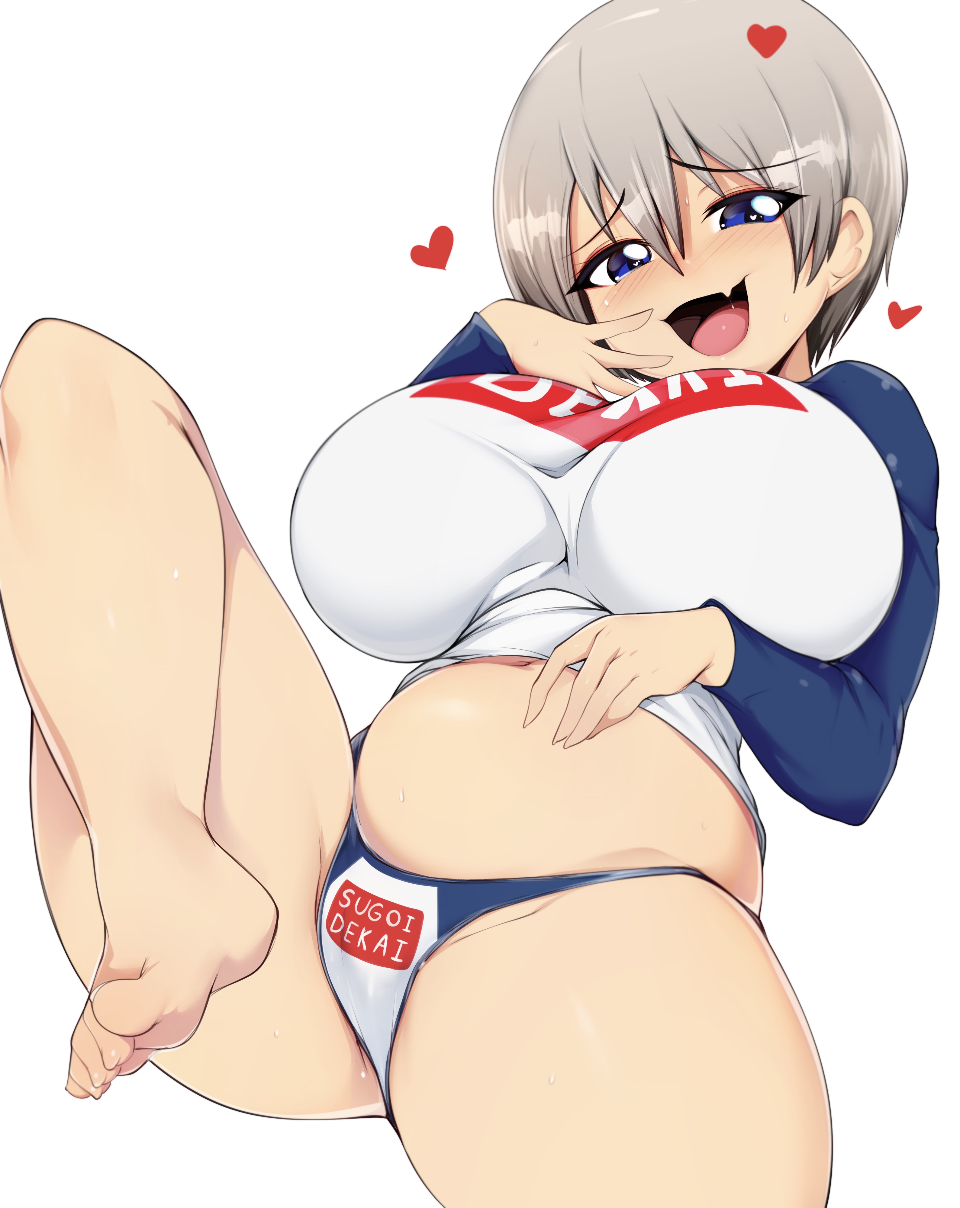 1girls, absurdres, barefoot, big breasts, bottomless, breasts, chubby, cleavage, fang, feet, female, female only, heart, highres, huge breasts, large breasts, no pants, panties, short hair, slightly chubby, slugbox, smug, solo, toes, uzaki hana, uzaki-chan wa asobitai!