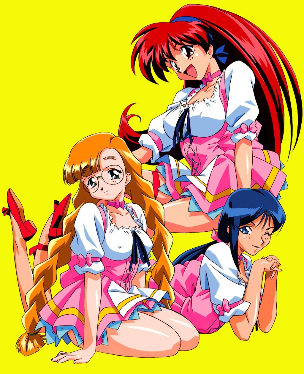 3girls 90s akira_(viper) ankle_ribbon anna_miller bare_shoulders blonde_hair blue_eyes blue_hair bow braid breasts choker cleavage clothed clothing corset erect_nipples erect_nipples_under_clothes eyebrows_visible_through_hair feet female female_only frills full_body fully_clothed glasses green_eyes hair_ribbon heels highres interlocked_fingers karin_(viper) kimura_takahiro large_breasts legwear long_hair long_ponytail long_twintails looking_at_viewer low_ponytail lying medium_breasts multiple_girls nipple_bulge official_art on_stomach one_eye_closed open_mouth pink_clothing ponytail raised_legs red_eyes red_hair ribbon ribbon_choker saki_(viper) simple_background sitting skirt smile sogna teeth thick_thighs thigh_ribbon thigh_strap thighs tied_hair tongue twin_braids twintails uniform very_long_hair viper_(series) viper_v16 waitress white_clothing wink yellow_background