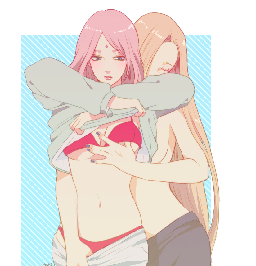 2girls, blonde hair, blue eyes, bra, breasts, facial mark, female, female focus, forehead mark, hair over one eye, ino yamanaka, lingerie, lips, long hair, medium breasts, midriff, multiple females, multiple girls, nail polish, naruto, naruto (series), naruto: the last, navel, panties, parted lips, pink hair, red bra, red panties, sakura haruno, short hair, striped, striped background, topless, underboob, underwear, undressing, yuri