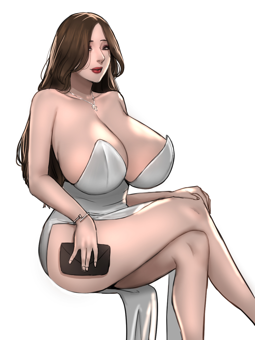 1girls bare_shoulders breasts breasts_bigger_than_head brown_hair cleavage clothed clothed_female dress female female_only gigantic_breasts hair_over_one_eye hand_on_knee long_hair looking_at_viewer milf necklace non-nude purse revealing_clothes scarlett_ann sitting solo strapless_dress tagme thighs white_background white_dress