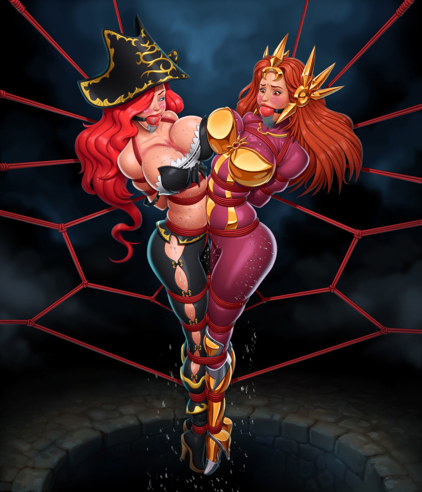 2girls, armor, arms behind back, artist request, ball gag, blush, bondage, bound together, breast press, breasts, female, femsub, gag, high heels, league of legends, leona (league of legends), miss fortune, multiple females, multiple girls, multiple subs, naked footwear, red hair, rope, skin tight, suspension, sweat, sweatdrop
