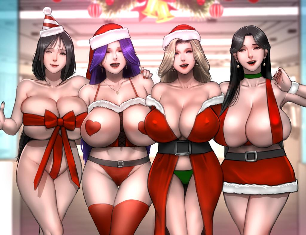 4girls bare_shoulders black_hair blonde_hair breasts breasts_bigger_than_head christmas clara_(scarlett_ann) cleavage clothed clothed_female earrings female female_only harem heart_pasties huge_breasts long_hair looking_at_viewer milf milf_airline multiple_females multiple_girls non-nude one_eye_closed pasties purple_hair red_heart_pasties red_pasties revealing_clothes santa_hat scarlett_ann standing very_long_hair