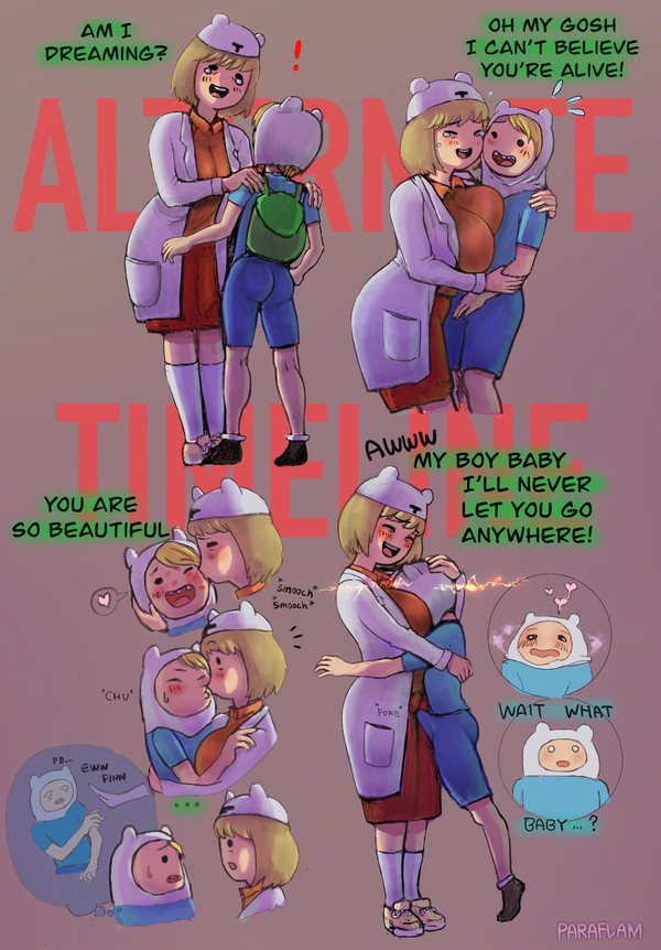 1boy, 1girls, adventure time, age difference, backpack, bag, blonde hair, blush, boner, breasts, confusion, erect penis, erection, erection under clothes, face in breasts, female, finn the human, fully clothed, hugging, human, imminent incest, incest, kissing, labcoat, large breasts, lipstick mark, lipstick on face, male, minerva campbell, mob face, mother, mother and child, mother and son, older female, pale skin, paraflam, penis, son, straight hair, suggestive, sweat, tears, text, younger male