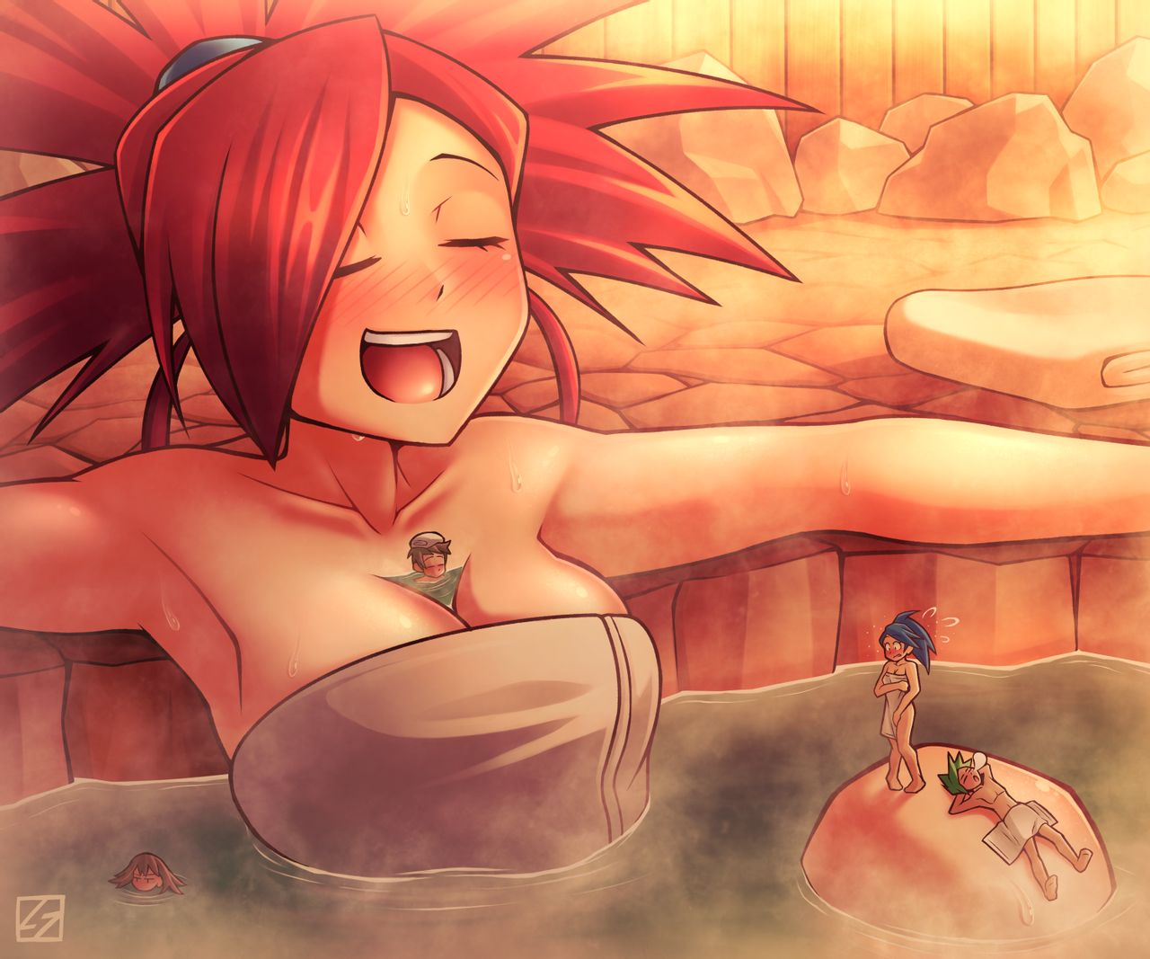 armpit arms_up between_breasts big_breasts breasts cleavage female flannery_(pokemon) giantess gym_leader hot_spring human larger_female nintendo pokemon pokemon_rse red_hair size_difference smaller_female smaller_male thunderafterdark