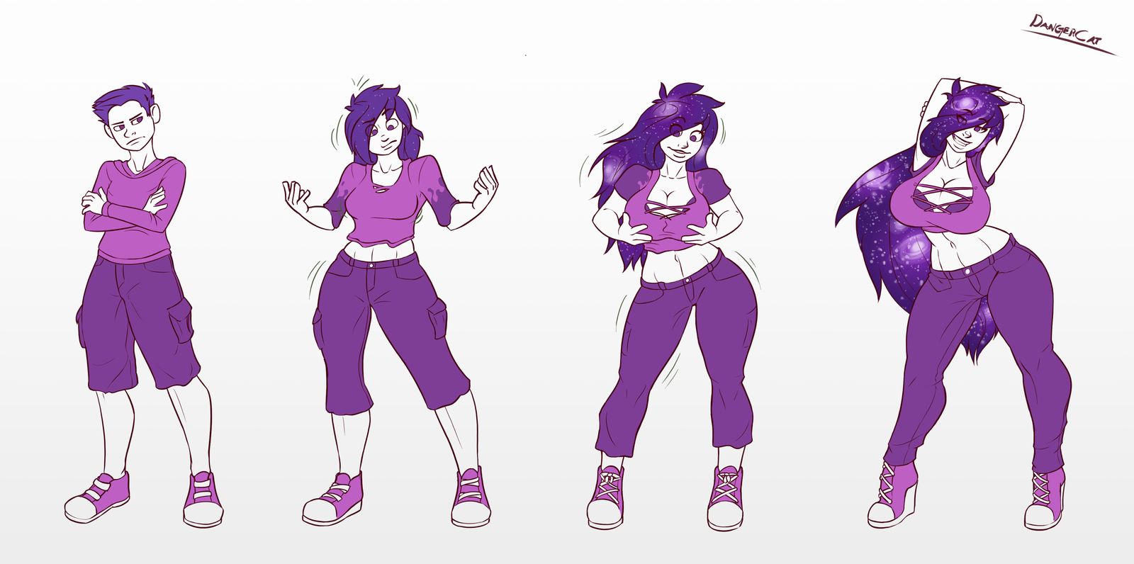 abs, ass, ass expansion, big ass, big breasts, big butt, bob cut, breast expansion, breast growth, breast growth (enlargement), breasts, cleavage, clothing transformation, dancing, eyebrows visible through hair, eyes visible through hair, female, galaxy hair, gender transformation, hair growth, heeled shoes, heels, high heel sneakers, high heels, hourglass figure, huge ass, huge breasts, huge butt, large ass, large breasts, long hair, midriff, midriff baring shirt, mtf transformation, muscular, muscular legs, purple bra, purple clothes, purple clothing, purple eyes, purple hair, purple pants, purple shirt, purple shoes, purple shorts, rule 63, short hair, tagme, thedangercat, transformation, wedge heels