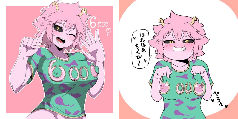 1girls, areola slip, areolae, big breasts, black sclera, bottomless, breasts, female, fire breath01, mina ashido, my hero academia, nipple cutout, nipples, no bra, no panties, pink hair, pink skin, pink-haired female, smile, tease, wide hips, yellow eyes