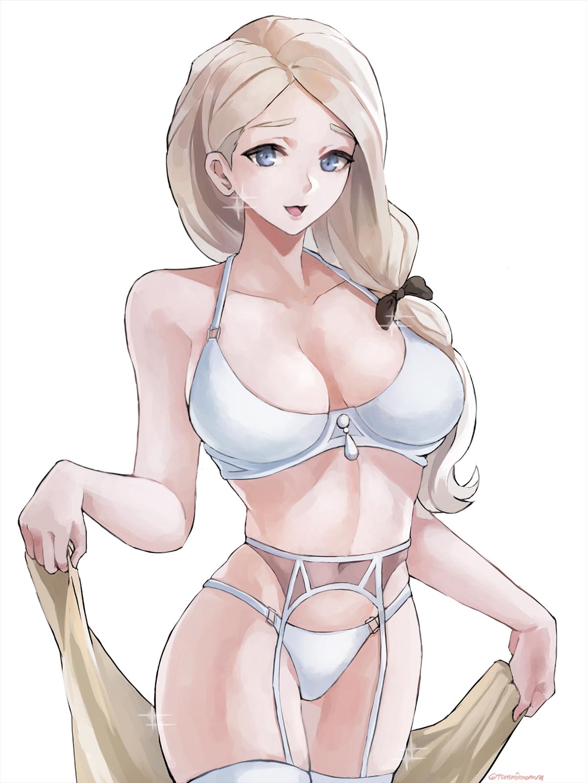 1girls, bare shoulders, big breasts, blonde hair, blue eyes, bra, breasts, female, female focus, female only, fire emblem, fire emblem: three houses, garter belt, lingerie, long hair, mercedes von martritz, nintendo, ponytail, side ponytail, solo, solo focus, thong, tommy (kingdukeee), white lingerie