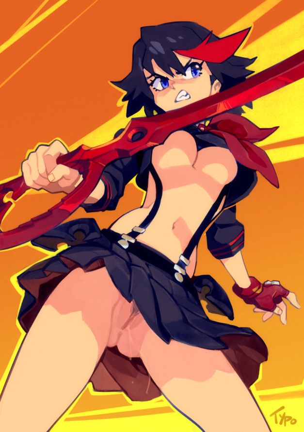 1girls, black hair, black-haired female, blue eyes, bottomless, breasts, cleavage, female, female only, kill la kill, matoi ryuuko, medium breasts, no bra, no panties, optionaltypo, petite, plaid skirt, pubic hair, purple hair, pussy, pussy juice, scissor blade, scissor blade (kill la kill), senketsu, short hair, short skirt, skirt, slim waist, solo, standing, studio trigger, underboob, upskirt, weapon