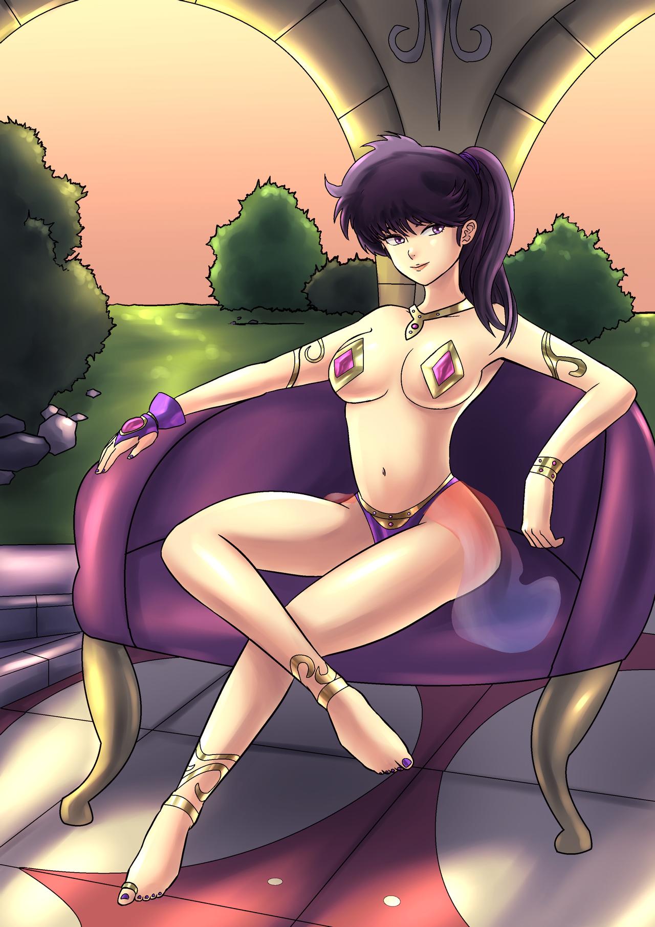 armwear belly_dancer belly_dancer_outfit caroluts fingerless_gloves harem_outfit kodachi_kuno large_breasts legwear loincloth nipple_covers one_glove pasties ponytail purple_eyes purple_hair ranma_1/2 smug