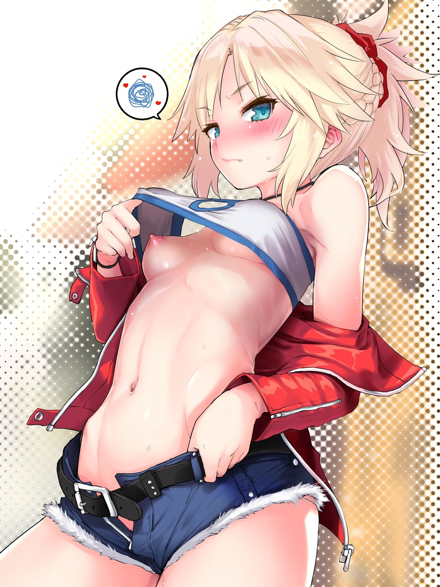 1girls, artist request, blonde hair, blush, braid, breasts, cute, fang, fate (series), fate/apocrypha, fate/grand order, female, female only, green eyes, human, jacket, long hair, looking at viewer, mordred (fate), navel, no panties, scrunchie, slim, small breasts, solo, tied hair, underboob