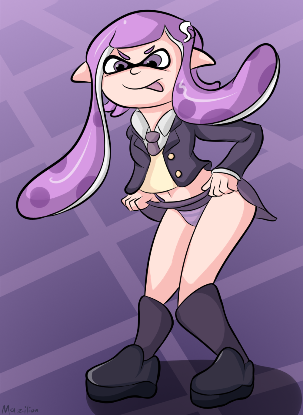 flashing inkling inkling_girl mazilion nintendo panties purple_hair purple_panties skirt skirt_lift splatoon super_smash_bros. super_smash_bros._ultimate tentacle_hair tongue_out underwear upskirt