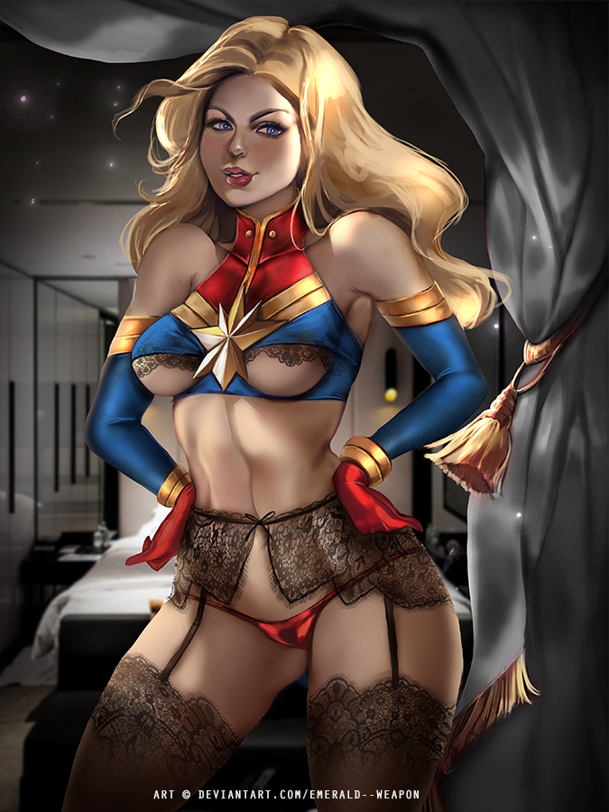 alternate_costume avengers blonde_hair blue_eyes captain_marvel carol_danvers emerald_weapon_(artist) female lingerie marvel marvel_comics solo underboob