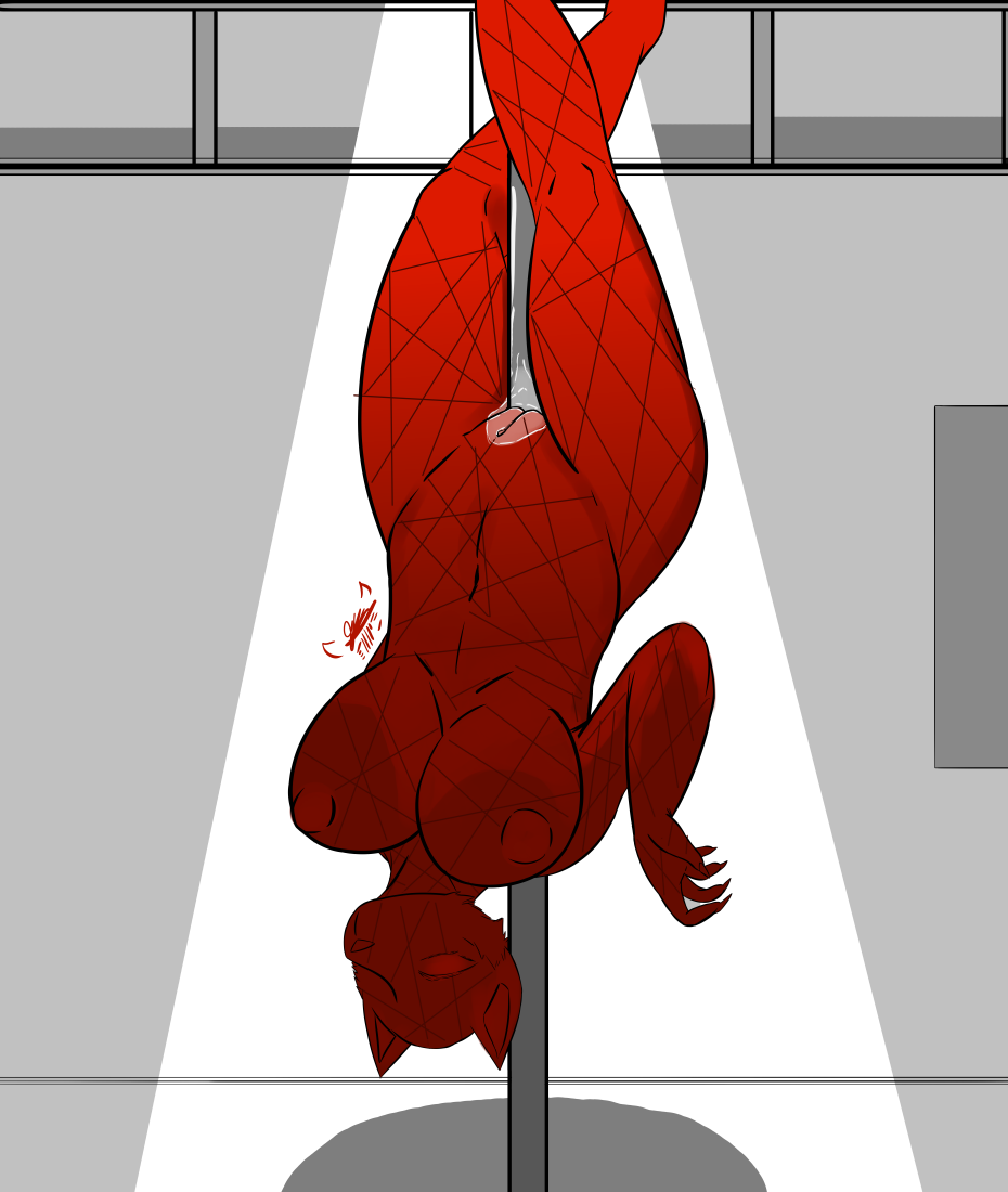 anthro bodily_fluids canid canine canis crystal crystal_creature dog_(superhot) domestic_dog elemental_creature female genital_fluids genitals mammal mineral_fauna nude pole pussy pussy_juice red_dude_(superhot) rule_63 solo stripper stripper_pole superhot superhot:mind_control_delete upside-down yokamii