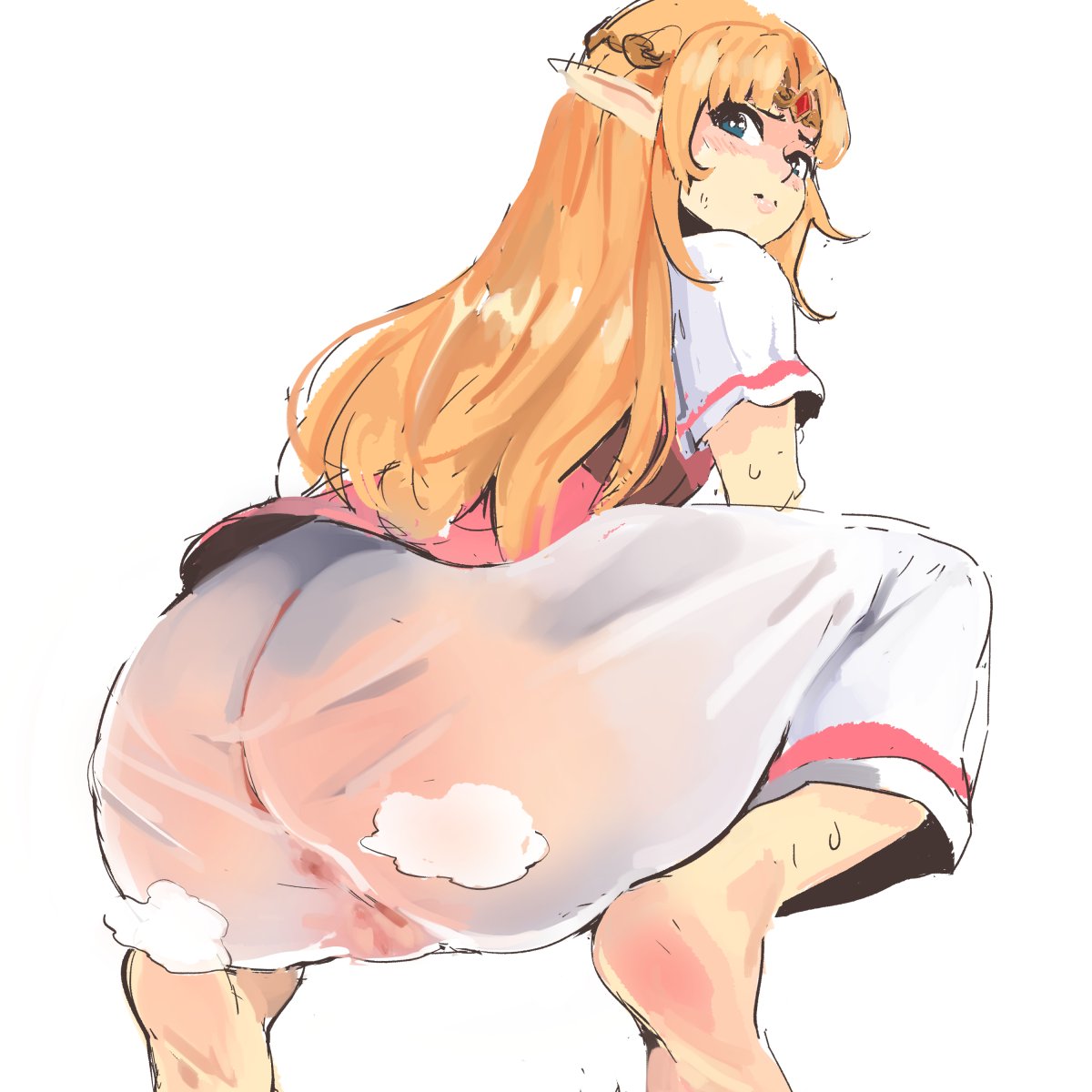 1girls anus ass ass_in_dress blonde_hair blue_eyes cameltoe clothing dress female long_hair nintendo no_panties pale-skinned_female pale_skin princess_zelda see-through squatting sweat the_legend_of_zelda wet_clothes wet_pussy white_background yotahen zelda_(a_link_between_worlds)