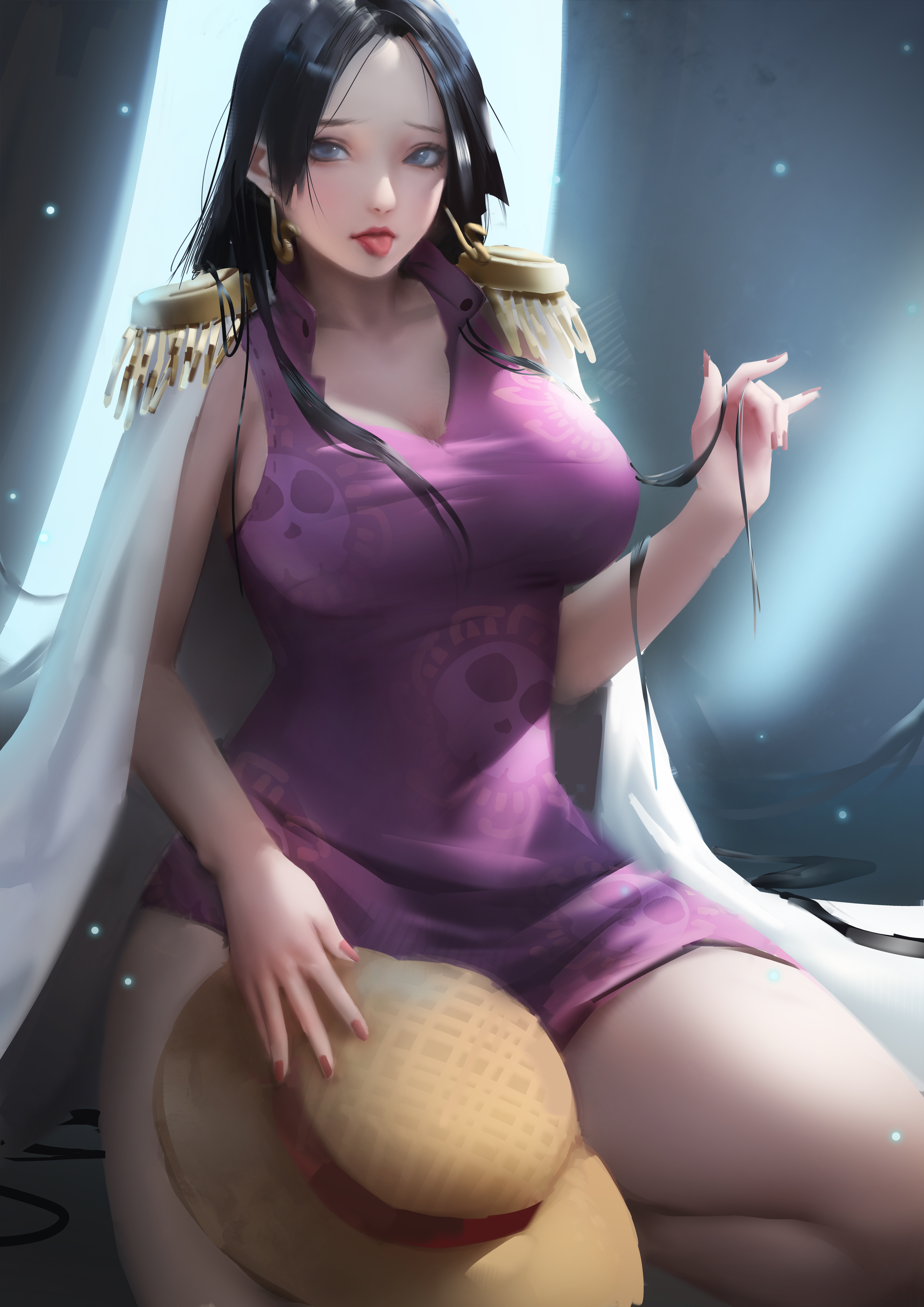 1girls, big breasts, black hair, black-haired female, blue eyes, boa hancock, bread, breasts, busty, cape, dress, earrings, female, female only, food, highres, jewelry, kneeling, long hair, looking at viewer, one piece, thick thighs, tongue, tongue out, very high resolution, very long hair, weber (artist)