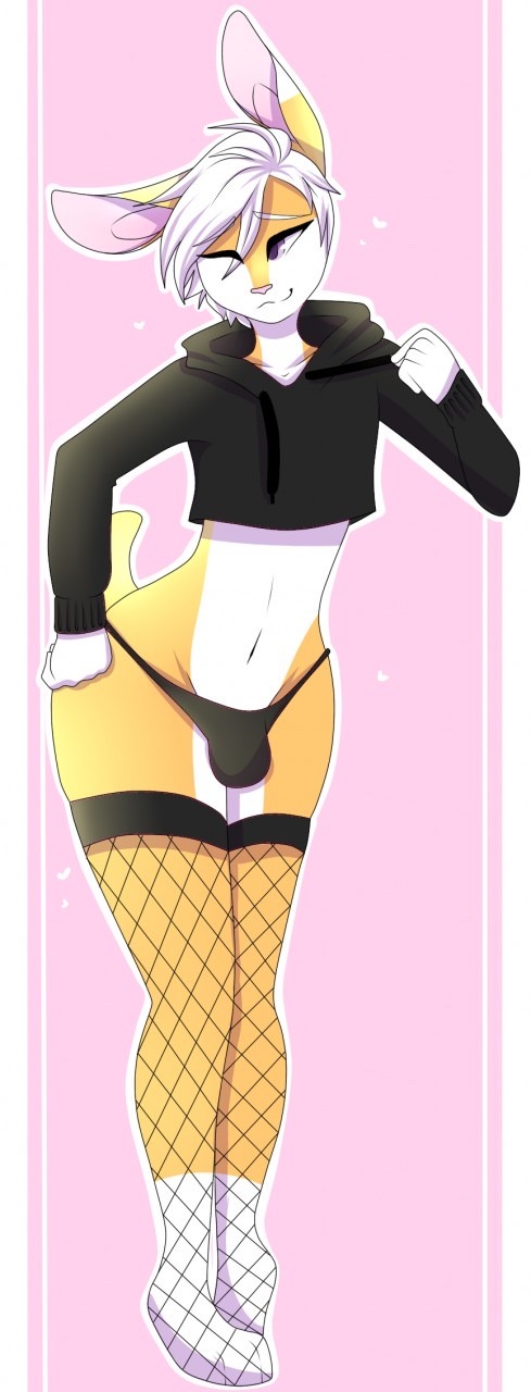 1boy crop_top femboy fishnets hoodie lagomorph long_ears male male_only midriff navel novaberry penis_in_panties pink_background pink_eyes rabbit stan_(novaberry) tail white_hair wink yellow_fur