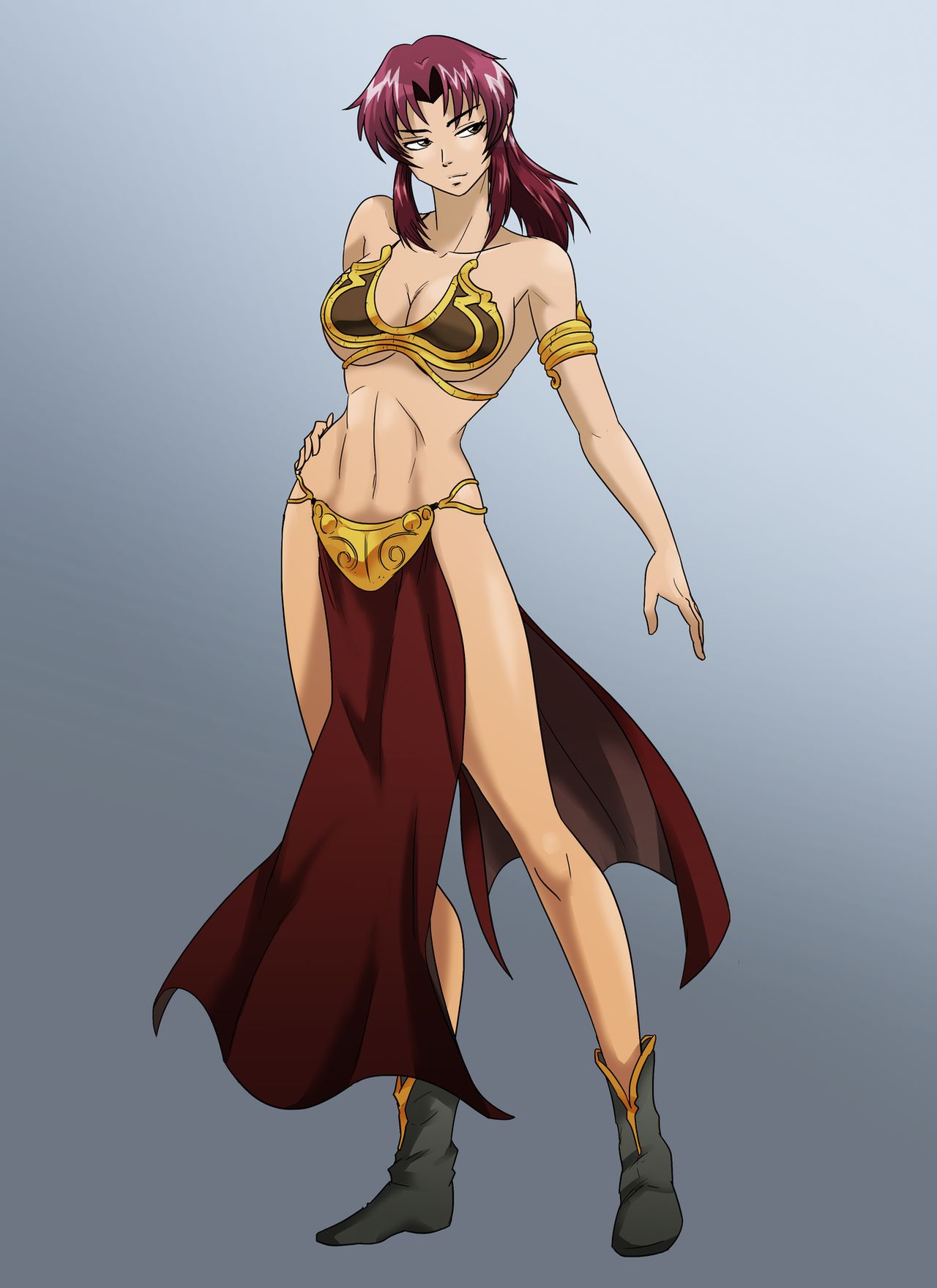 1girls, abs, belly dancer, belly dancer outfit, black lagoon, breasts, brown hair, dancer, dancer outfit, female, female only, harem girl, harem outfit, large breasts, loincloth, return of the jedi, revy, slave, slave bikini, slave leia (cosplay), solo, star wars, wadevezecha