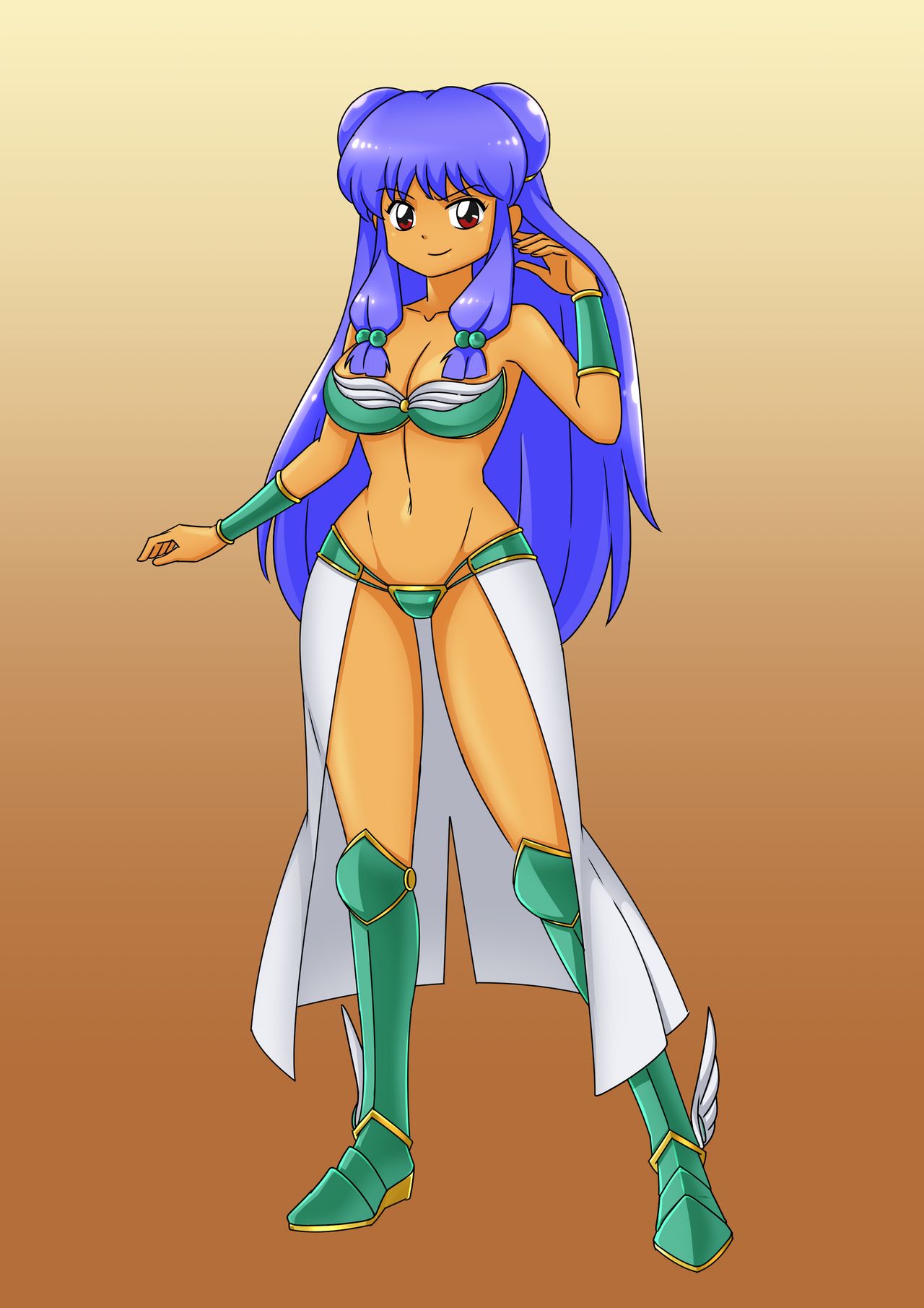 1girls belly_dancer belly_dancer_outfit blue_hair boots brown_eyes clothing female female_only harem_girl harem_outfit kuting143 large_breasts long_skirt orange_skin ranma_1/2 shampoo_(ranma_1/2) slave solo species_swap strapless_bra unconvincing_armor