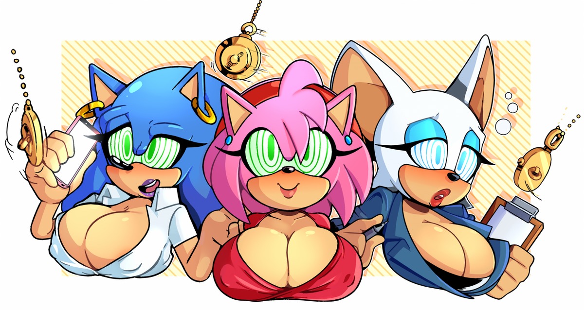 3girls, amy rose, breasts, cleavage, female, female only, genderswap, huge breasts, hypnosis, mind control, missphase, multiple females, multiple girls, nipple bulge, rouge the bat, rule 63, sega, sonic (series), sonic the hedgehog