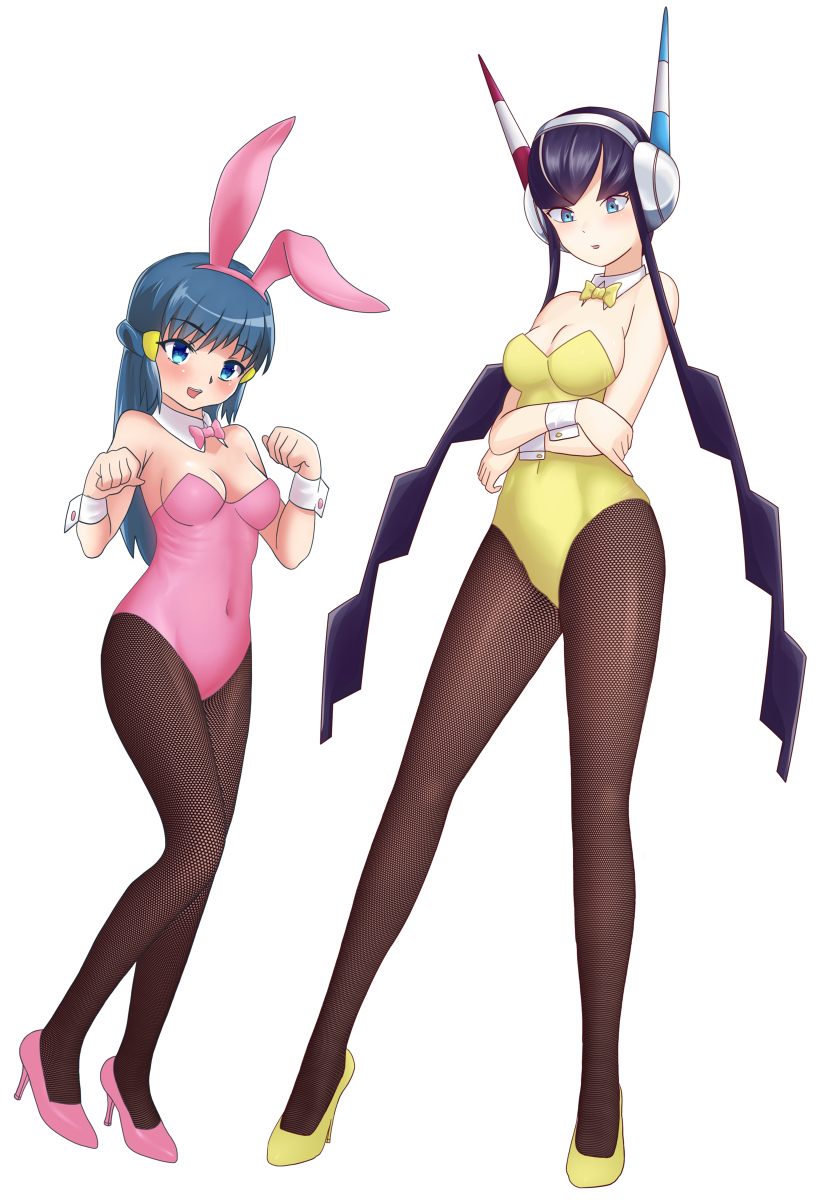 2girls, animal ears, aqua eyes, black hair, blue eyes, blue hair, bowtie, bunny ears, bunnysuit, dawn (pokemon), detached collar, elesa (pokemon bw2), elesa (pokemon), fake animal ears, female, gym leader, high heels, human, jpeg, leotard, nintendo, pantyhose, pokemon, pokemon bw2, pokemon dppt, wrist cuffs