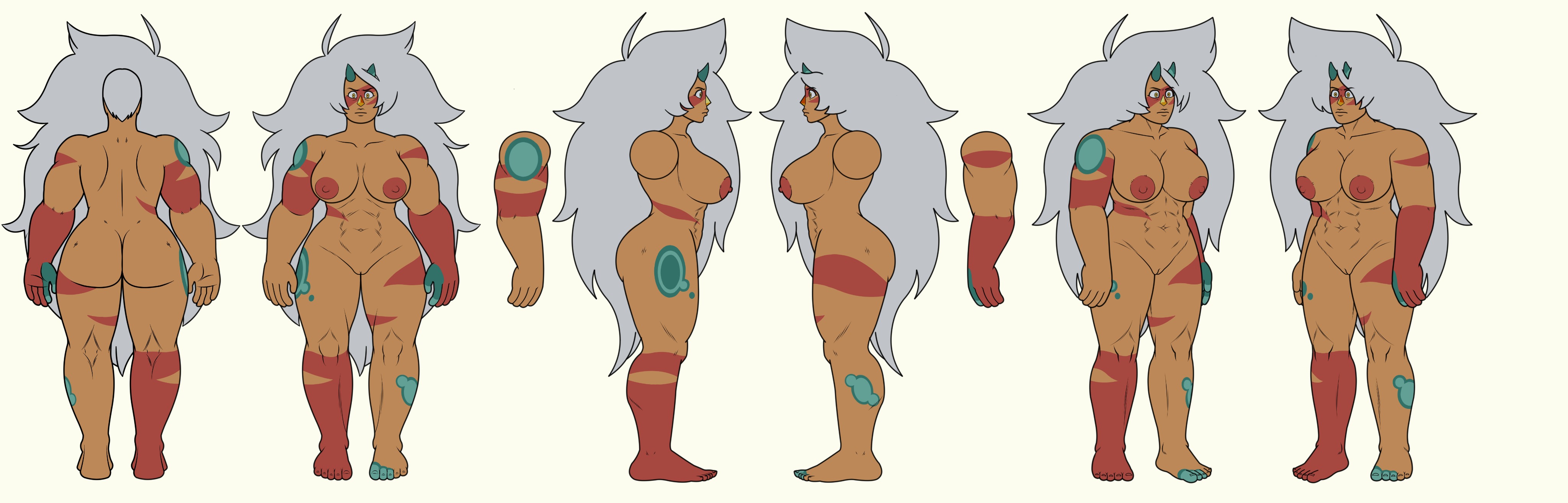 abs, ass, breasts, character sheet, colorized, corrupted gem, curvy, female, from behind, full body, jasper (steven universe), large breasts, mrswindle94, muscles, muscular, muscular female, nude, orange skin, pose, standing, steven universe, unknowingest, white background