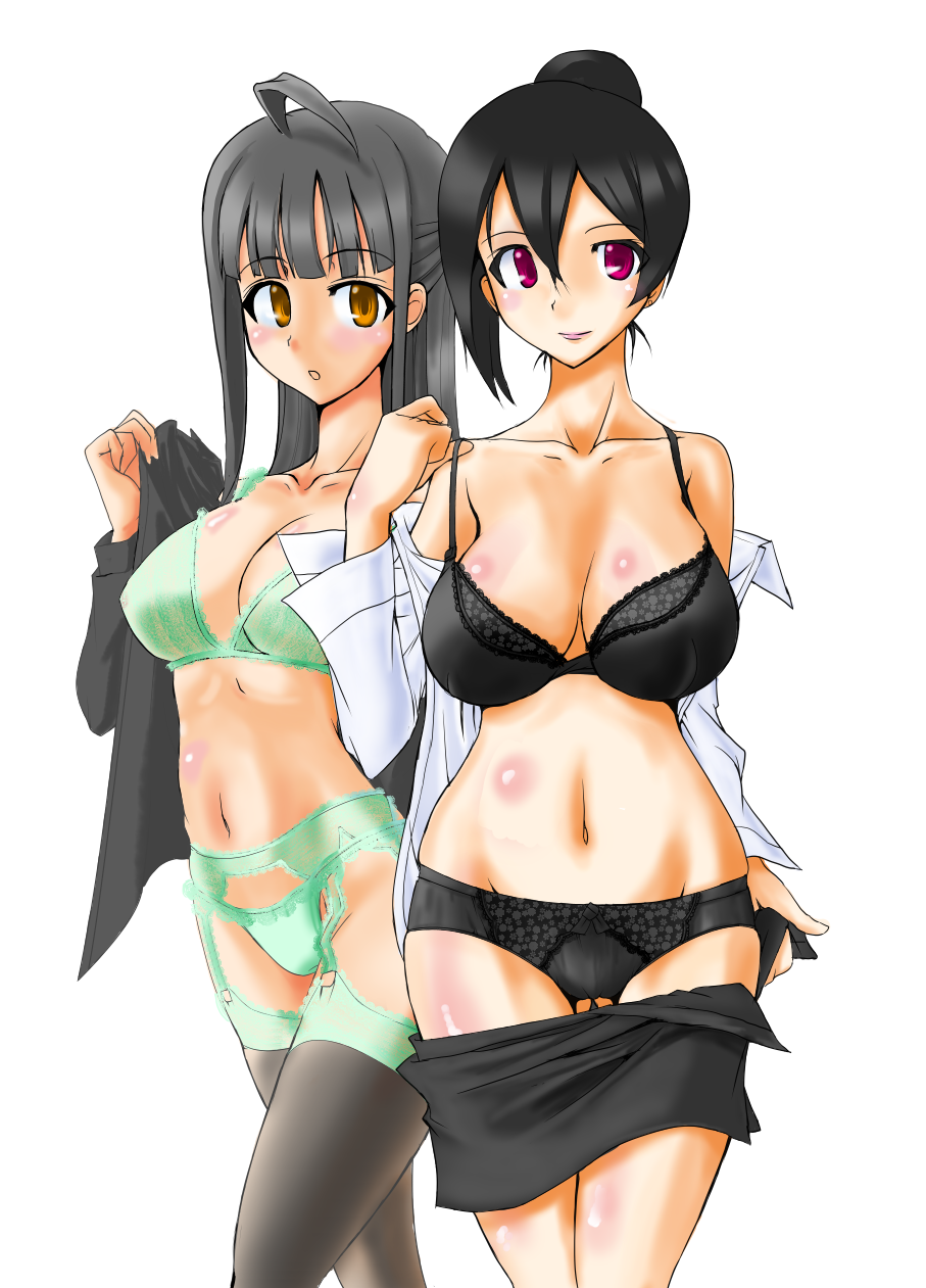 2girls bangs big_breasts black_bra black_hair black_lingerie black_panties black_skirt black_underwear blush blushing bra breasts busty cleavage clothing curvy eyebrows_visible_through_hair eyelashes female female_only fully_clothed garter_belt garter_straps green_bra green_lingerie green_panties green_underwear grey_hair hair_between_eyes hair_bun hairbun highres huge_breasts large_breasts legwear lingerie lips long_hair long_sleeves love_live! love_live!_school_idol_project mature_female milf minami_kotori's_mother navel open_mouth open_shirt panties pink_eyes sakura_tatsuki sexually_suggestive shirt skirt skirt_down standing stockings thick_thighs thighhighs underwear undressing voluptuous white_background white_shirt wide_hips yazawa_nico's_mother yellow_eyes