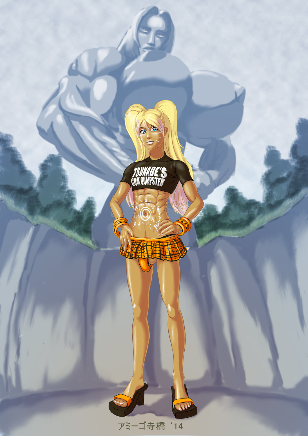 1boy, abs, amigo terahashi, balls, blonde hair, blue eyes, body markings, bracelets, bulge, clothing, crop top, crossdressing, dark skin, dark-skinned femboy, dark-skinned male, dark-skinned sissy, dark-skinned twink, feet, female, femboy, flip flops, footwear, fully clothed, ganguro, gay, genderswap, gyaru, gyarufication, legs, lipstick, looking at viewer, makeup, male, nail polish, naruko, naruto, naruto (series), naruto shippuden, open toe shoes, orange panties, outdoors, outside, panties, pink legwear, pink lipstick, pink nail polish, pink nails, pose, posing, revealing clothes, rule 63, sandals, short skirt, sissy, skirt lift, solo, solo focus, solo male, standing, t-shirt, tan skin, testicles, toenail polish, toes, trap, tsunade, twintails, uzumaki naruto, whisker markings, whiskers