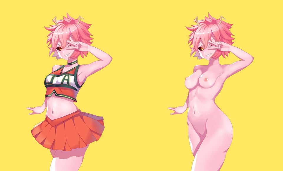 1girls, black sclera, curvy female, female, horns, mina ashido, moonuz, my hero academia, on/off, peace sign, pink hair, pink skin, pink-haired female, smile, wink, yellow eyes