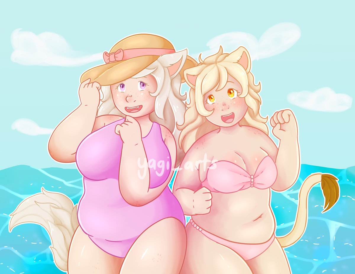 2girls accalia_(@yagi_arts) beach belly big_breasts bikini bikini_bottom bikini_top blue_background breasts chubby chubby_female clouds freckles happy hat iris_(@yagi_arts) lion_ears lion_tail one-piece_swimsuit orange_eyes purple_eyes smile smiling water water_background white_hair white_skin wolf_ears wolf_tail yagi_arts