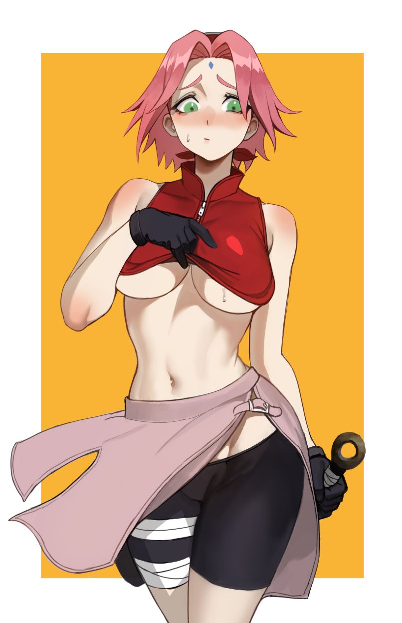 1girls, 2020, 2020s, abs, bandage, bandaged leg, bandages, bare arms, bare shoulders, big breasts, bike shorts, black gloves, black shorts, blush, breasts, closed mouth, clothing, compression shorts, embarrassed, exposed belly, facial mark, female, female focus, female only, forehead jewel, fully clothed, gloves, green eyes, headband, highres, holding, holding weapon, jacket, kunai, large breasts, lifted by self, light skin, light-skinned female, naruto, naruto (series), naruto shippuden, navel, no bra, orange background, pale skin, pale-skinned female, pink hair, pose, posing, sakura haruno, shirt lift, shirt up, short hair, shorts, simple background, skirt, sleeveless, sleeveless shirt, solo, solo female, solo focus, spandex shorts, spats, standing, sweat, sweatdrop, sweaty breasts, top lift, two-tone background, underboob, voluptuous, weapon, zako8211, zipper, zipper pull tab