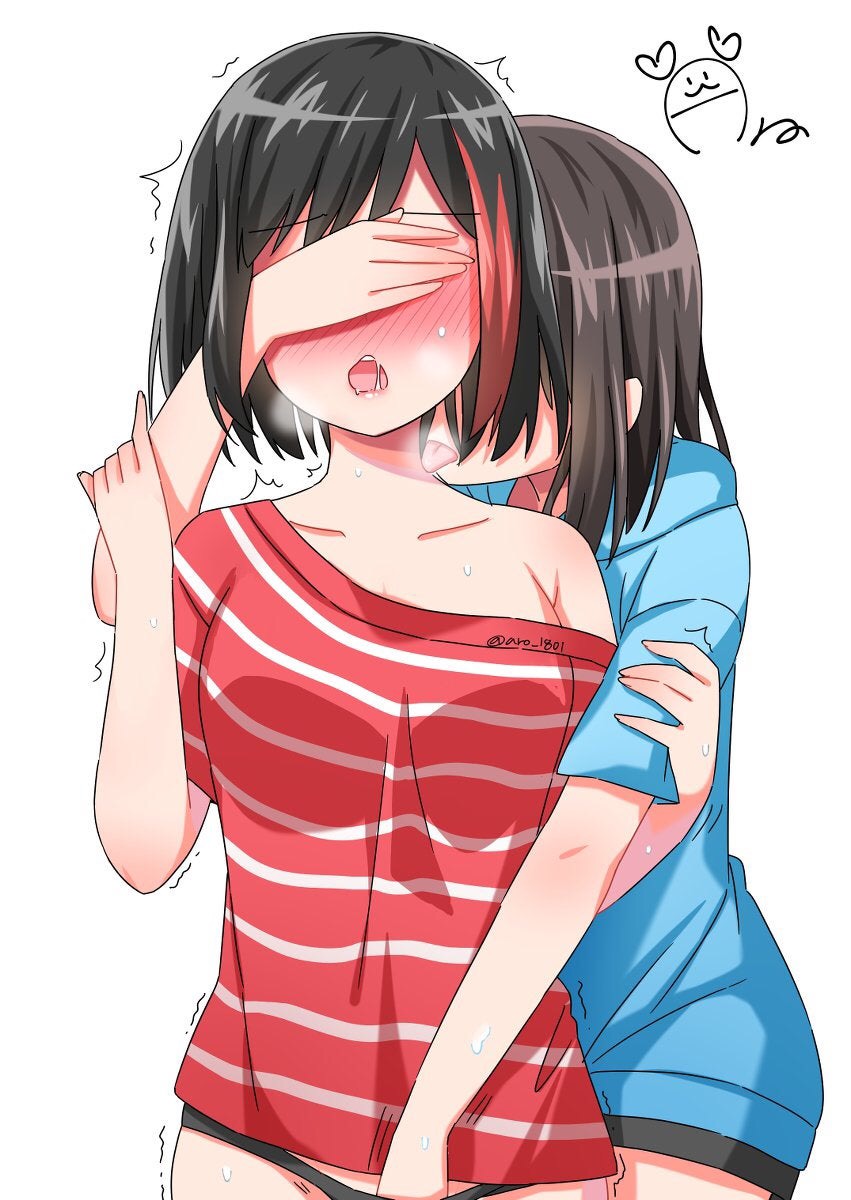 2girls, blush, covering eyes, faceless female, female, female only, femdom, fingering, hand in panties, hand on hand, licking neck, mouth open, multiple females, multiple girls, original, reach around, red hair, saliva, saliva trail, steam, steamy breath, sweat, sweatdrop, t-shirt, tagme, white background, wholesome, yuri