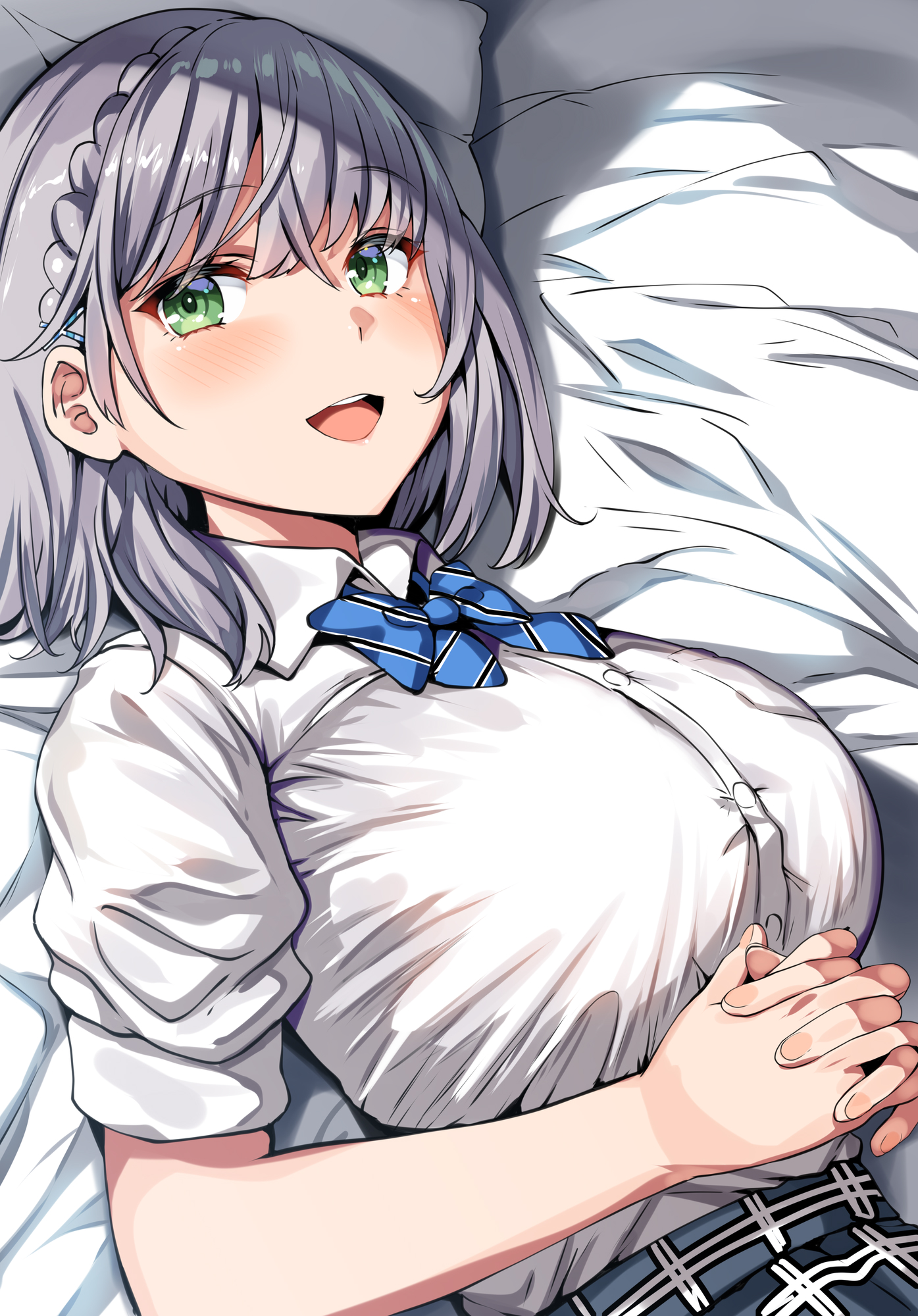belko, breasts, female, grey hair, hololive, hololive fantasy, hololive japan, large breasts, plaid skirt, school uniform, schoolgirl, shirogane noel, straining buttons, tagme, virtual youtuber, white shirt