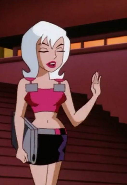 batman_(series) batman_beyond bobbi_blade_sommer breasts closed_eyes clothed clothed_female dc dc_comics dcau female open_mouth pink_lipstick pink_top skirt solo_female white_hair