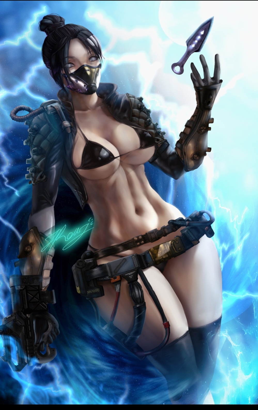 1girls, 2d, apex legends, ass, big ass, big breasts, bikini, black hair, breasts, facemask, female, female focus, female only, gear, hips, irouji, silver eyes, solo, solo female, stockings, thick thighs, thighs, thong, wraith (apex legends)