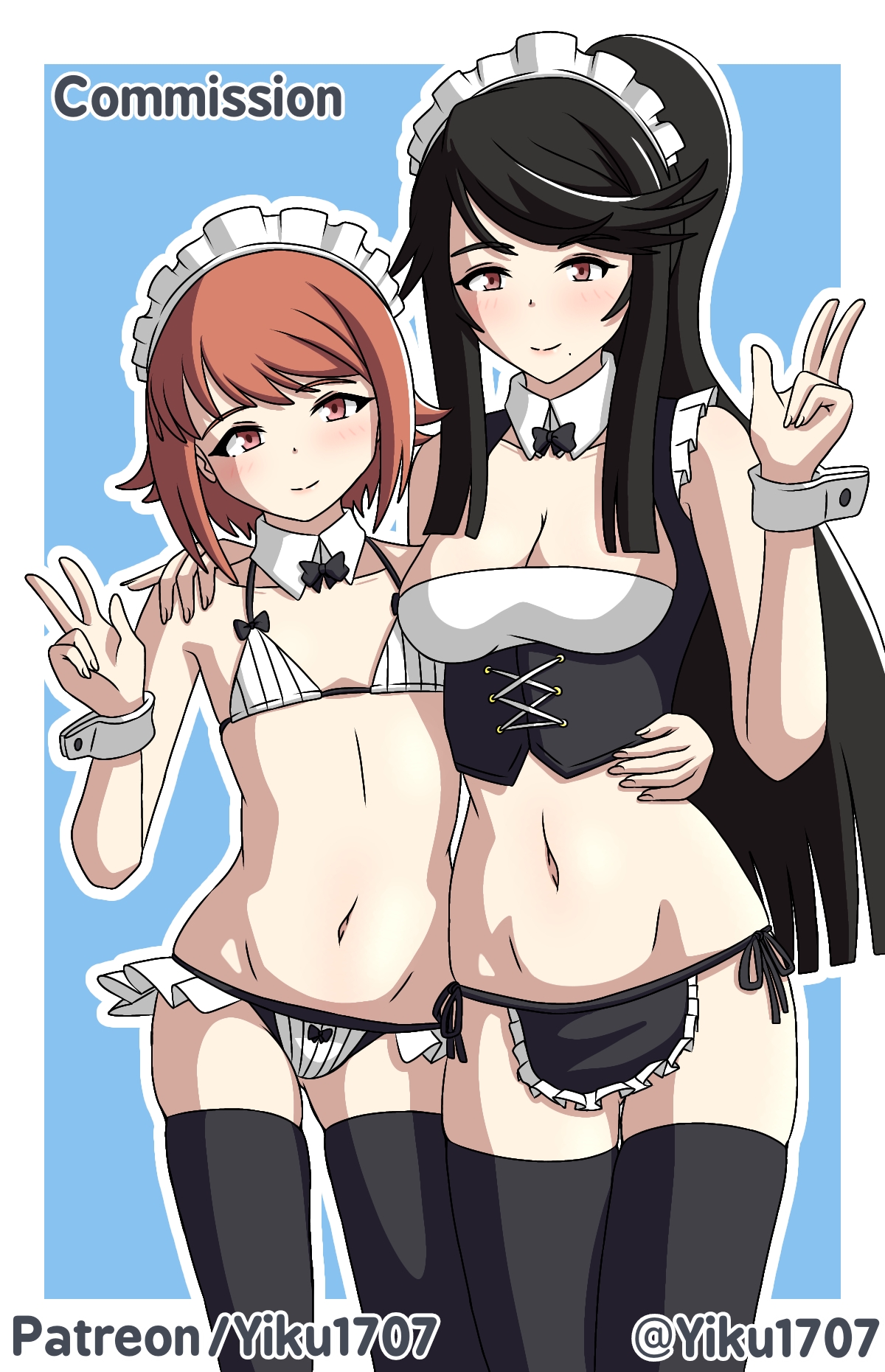 2girls, apron, belly, black hair, breasts, cleavage, commission, female, female focus, female only, fire emblem, fire emblem fates, high socks, looking at viewer, maid, maid bikini, maid headdress, mikoto (fire emblem), milf, mother and daughter, navel, nintendo, ponytail, sakura (fire emblem), short hair, small breasts, smile, smiling, smiling at viewer, v, yiku1707
