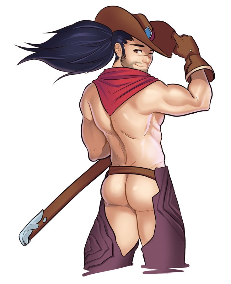 1boy ass back back_muscles back_view backside bare_ass biceps black_hair brown_eyes chaps cowboy cowboy_hat cowboy_outfit facial_hair functionally_nude gloves hat high_noon_series high_noon_yasuo human human_only league_of_legends light-skinned_male light_skin long_hair male male_focus male_only mostly_nude muscle muscles muscular muscular_back muscular_male pubic_hair scar simple_background smile smiling solo solo_focus solo_male sword swordsman white_background wink winking winking_at_viewer yasuo