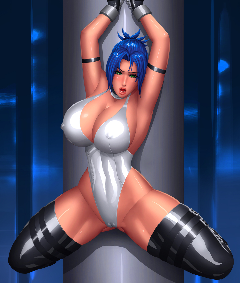 armband armpits arms_up black_thighhighs blair_dame blue_hair bondage bound breasts cameltoe cleavage clothed erect_nipples fighting_ex_layer green_eyes huge_breasts leotard nipples open_mouth shackles shiny shiny_skin solo solo_female spread_legs street_fighter street_fighter_ex suspension svoidist thick_thighs thigh_strap thighhighs