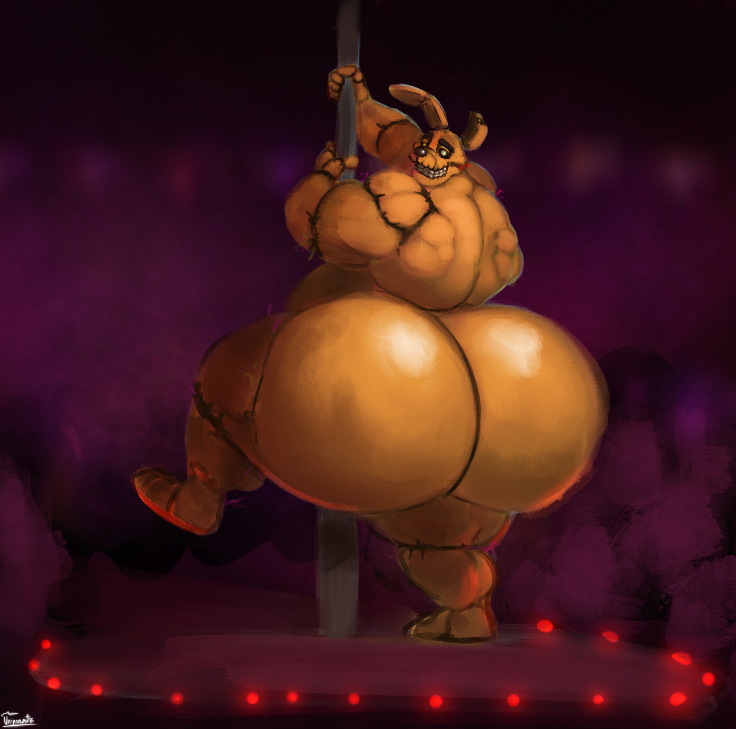 1boy, animatronic, ass, back, back muscles, backside, belly, big ass, big butt, black nose, bunny, bunny ears, fat, fat ass, five nights at freddy's, five nights at freddy's 3, grin, huge ass, huge butt, hyper, hyper ass, hyper butt, leg up, legs, looking at viewer, looking back, male, male only, massive ass, musclegut, muscles, muscular, muscular arms, muscular male, presenting, presenting hindquarters, robot, smile, solo, solo male, springtrap, springtrap (fnaf), stripper, stripper pole, teeth, thick, thick ass, thick legs, thick thighs, thighs, uniparasite, william afton, wires, yellow fur, yellow skin