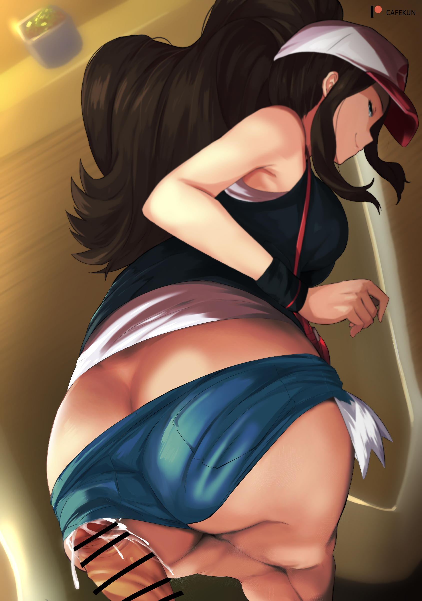 1boy, 1girls, 2020, 2020s, armpits, ass, assjob, big ass, blue eyes, blue shorts, breasts, brown hair, brown-haired female, buttjob, buttjob under clothes, cafekun, cap, censor bar, censored, clothed female nude male, cum, cum in clothes, cum on ass, cum on clothes, cumming, denim shorts, ejaculation, female, half-closed eyes, handbag, happy, hat, hilda (pokemon), indoors, jean shorts, kneepits, light skin, light-skinned female, light-skinned male, long hair, looking at viewer, looking back, male, minishorts, nintendo, pale skin, pale-skinned female, pale-skinned male, penis, penis under another's clothes, penis vein, pokemon, pokemon bw, ponytail, rear view, semen, shorts, smile, smiling, thick ass, thick thighs, thighs, tomboy, veiny, visor cap